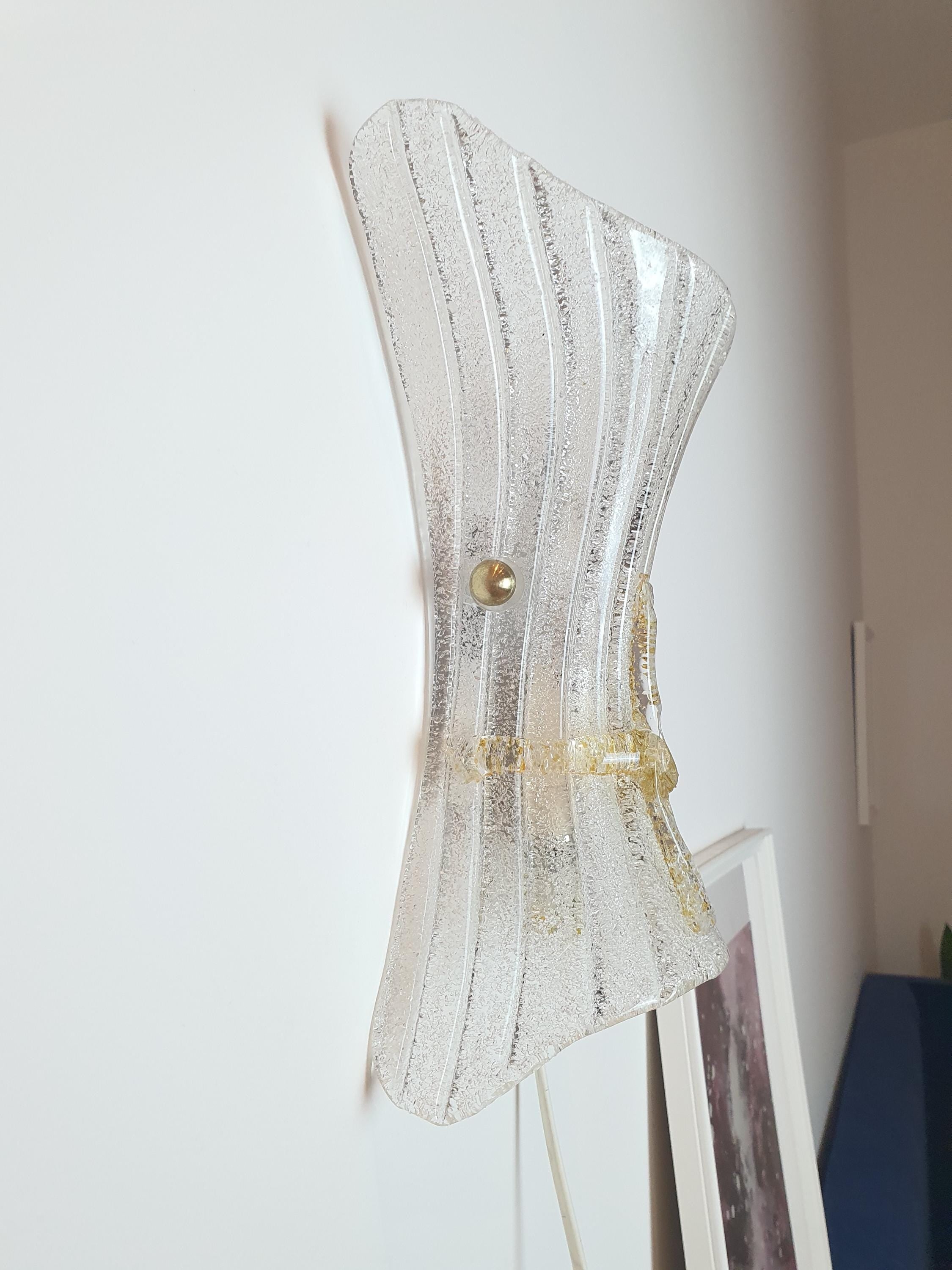 Vintage Murano Frosted Glass Wall Sconce: Venetian Shell Light with Yellow Bow