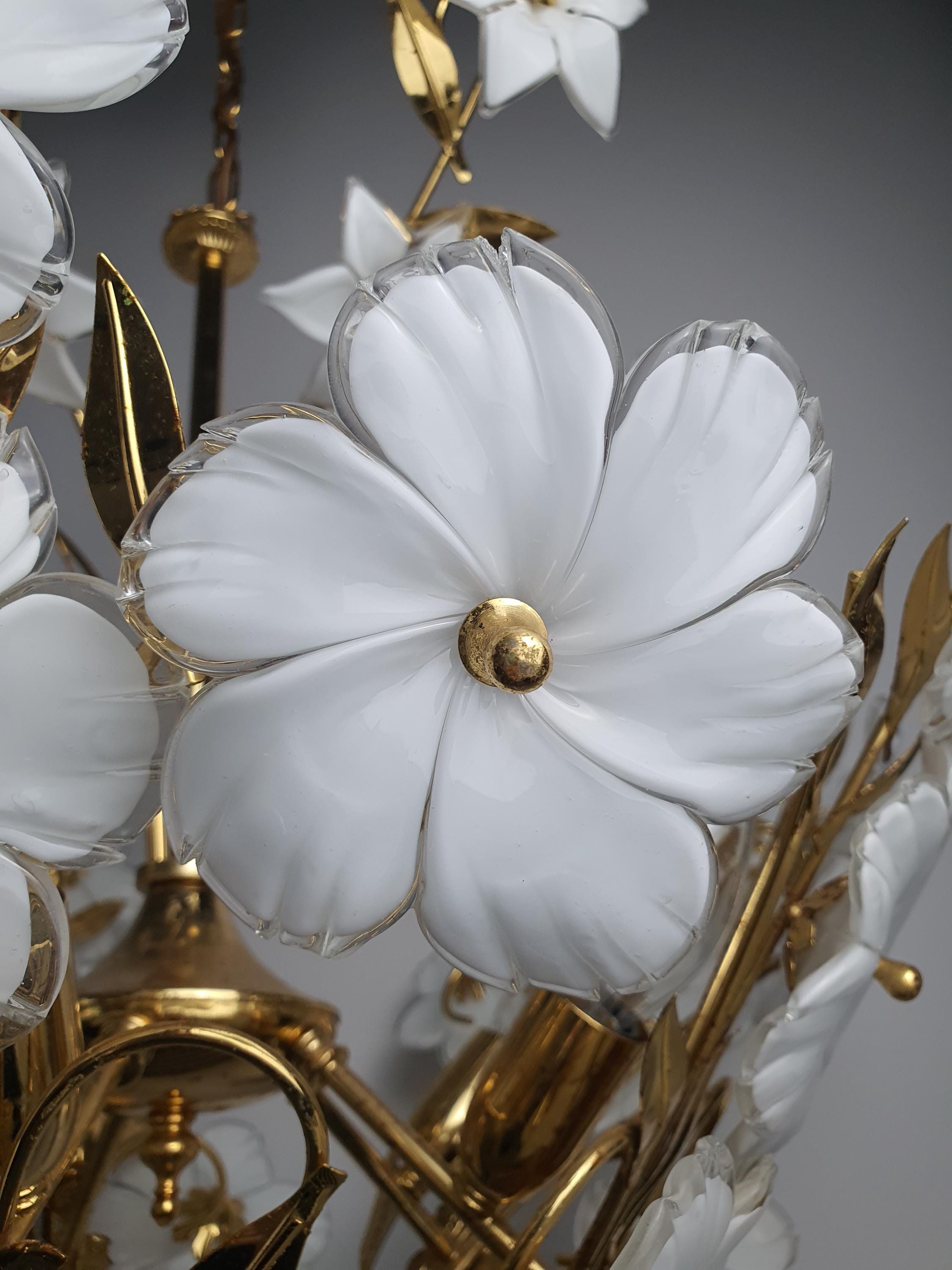 Vintage 1980s Murano floral chandelier in bedroom, soft white flower glow, gold frame, romantic maximalist interior