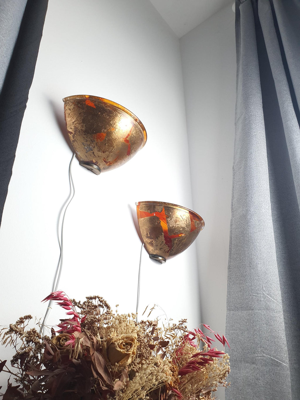 Pair of Vintage Italian Wall Sconces by 2B Illuminazione | Bronze Painted Half-Bowl Glass | Midcentury Boho