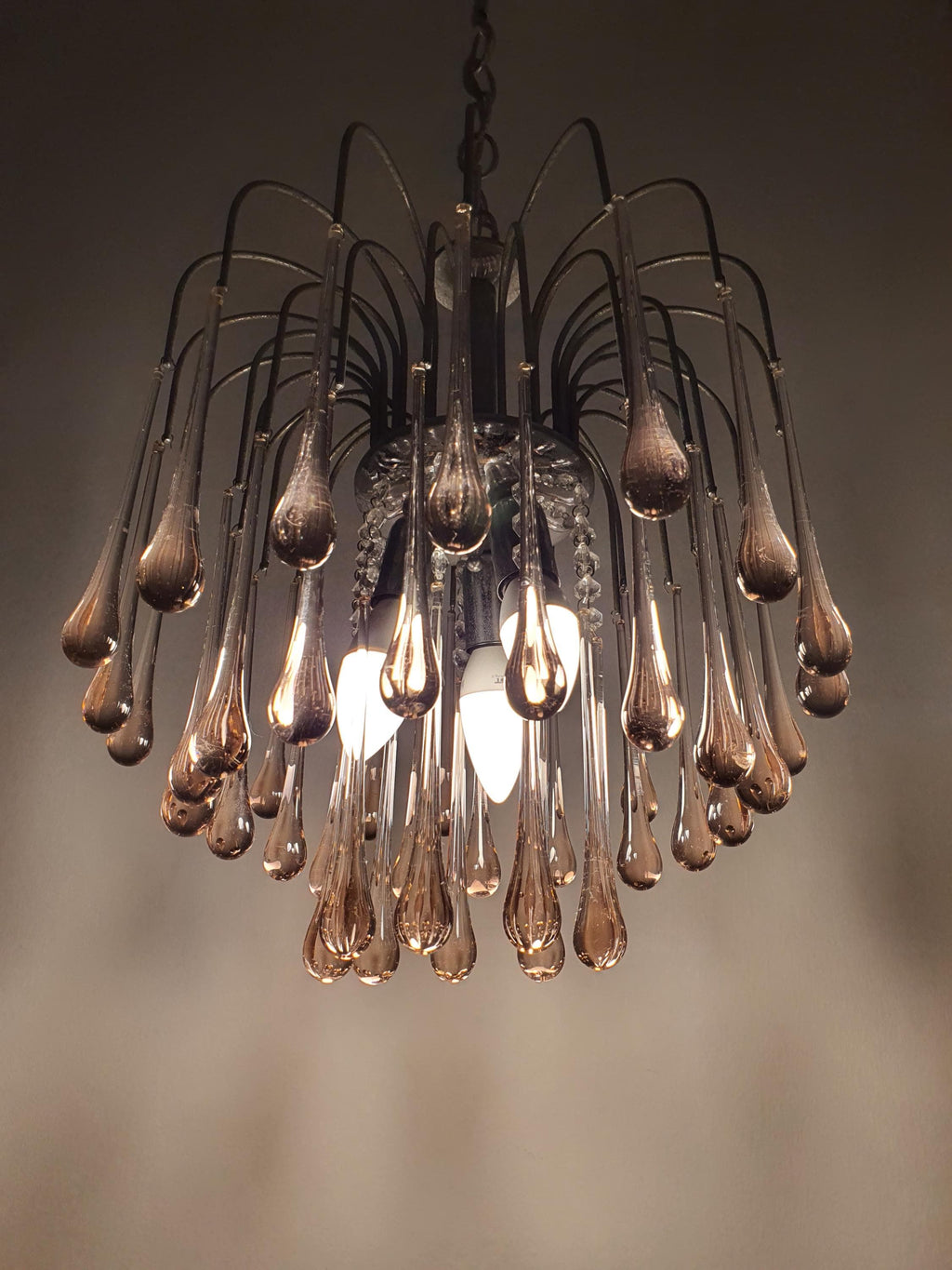 Vintage Murano Glass Pink Teardrops Chandelier | Chrome Base Hollywood Regency Lighting