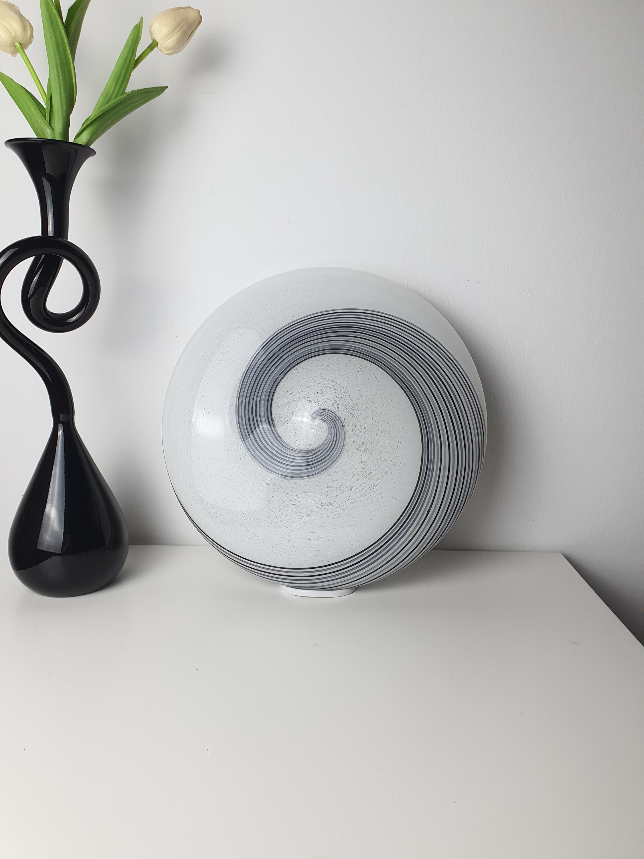 Vintage Murano Glass White, Black & Grey Swirl Flush Mount Light | Mid-Century Italian Lighting