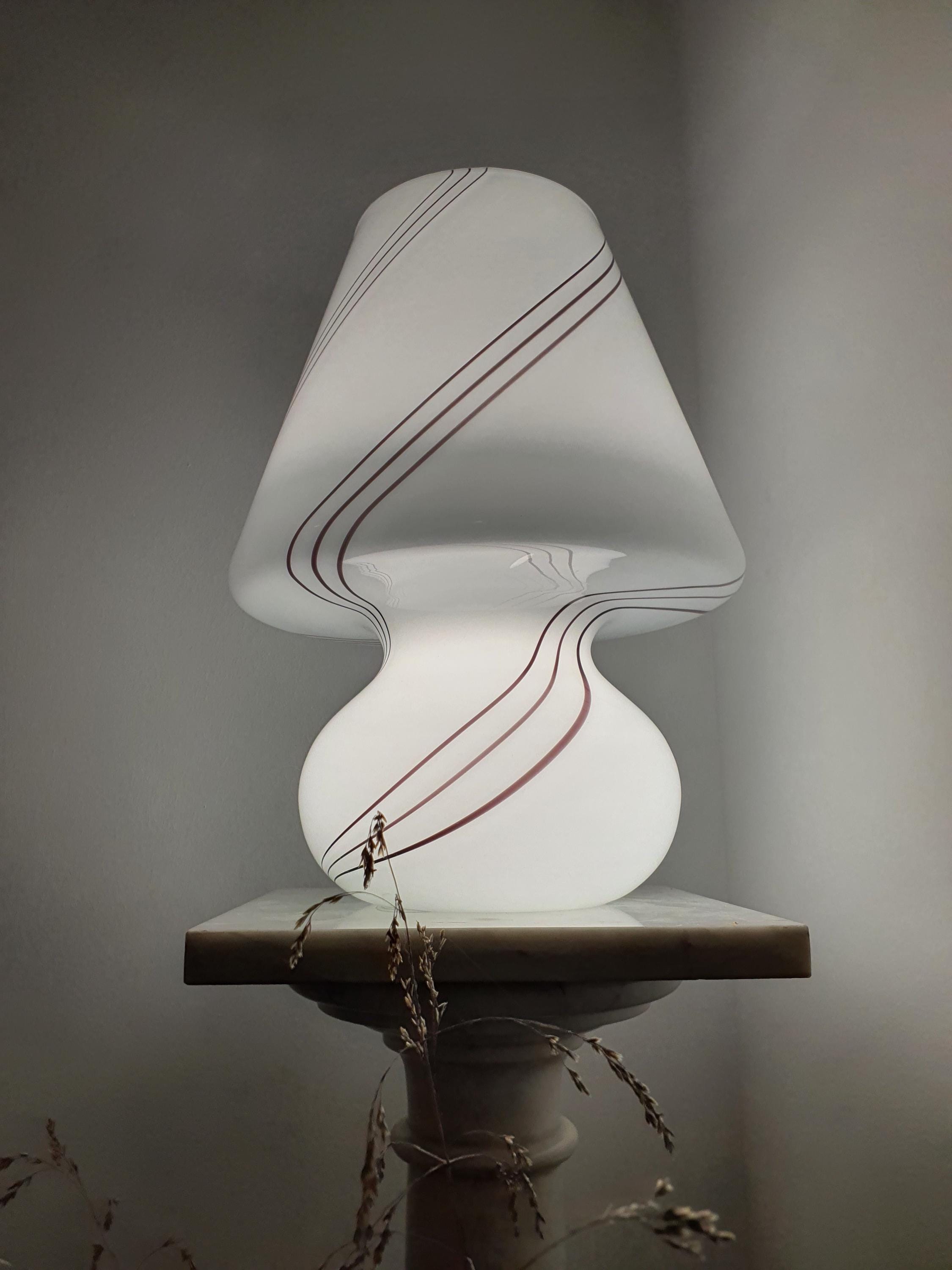 Vintage Murano Glass Mushroom Table Lamp | White with Black Swirl Lines | Mid-Century Italian Lighting