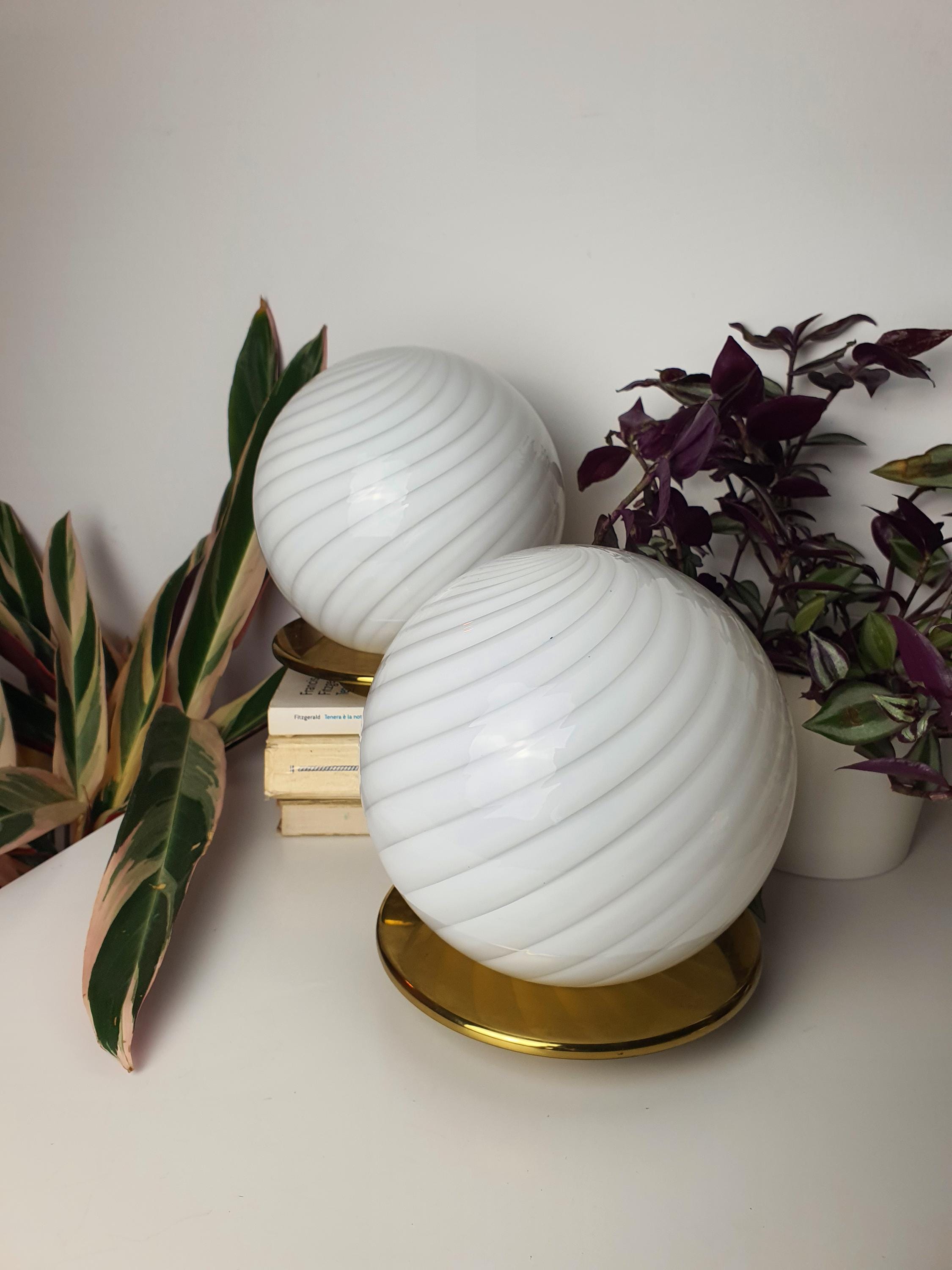 Murano Glass Table Lamps: White Swirl Globe, Brass Base, Mid-Century Modern