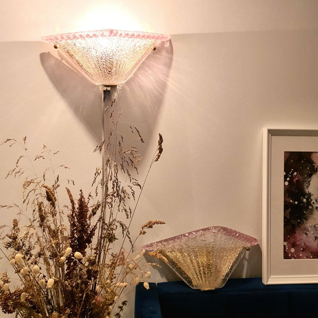 Vintage Murano Glass Sconces: Pink Transparent Triangle Art Deco Wall Lamps