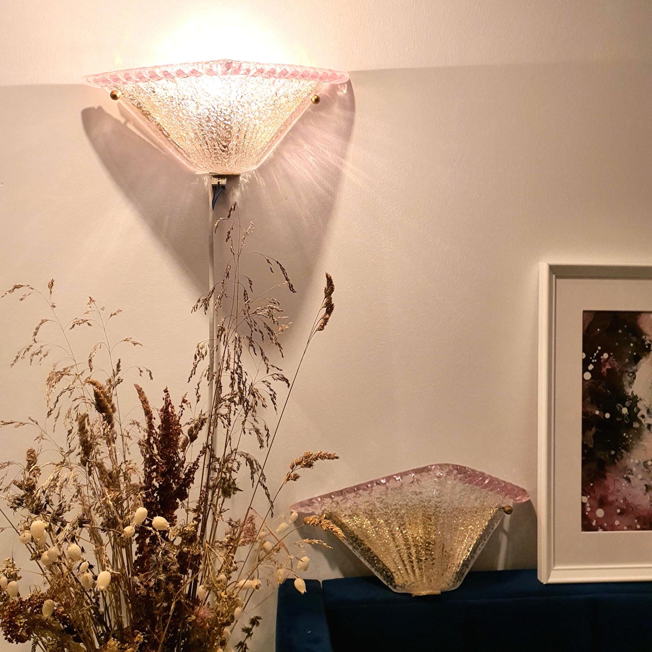 Vintage Murano Glass Sconces: Pink Transparent Triangle Art Deco Wall Lamps