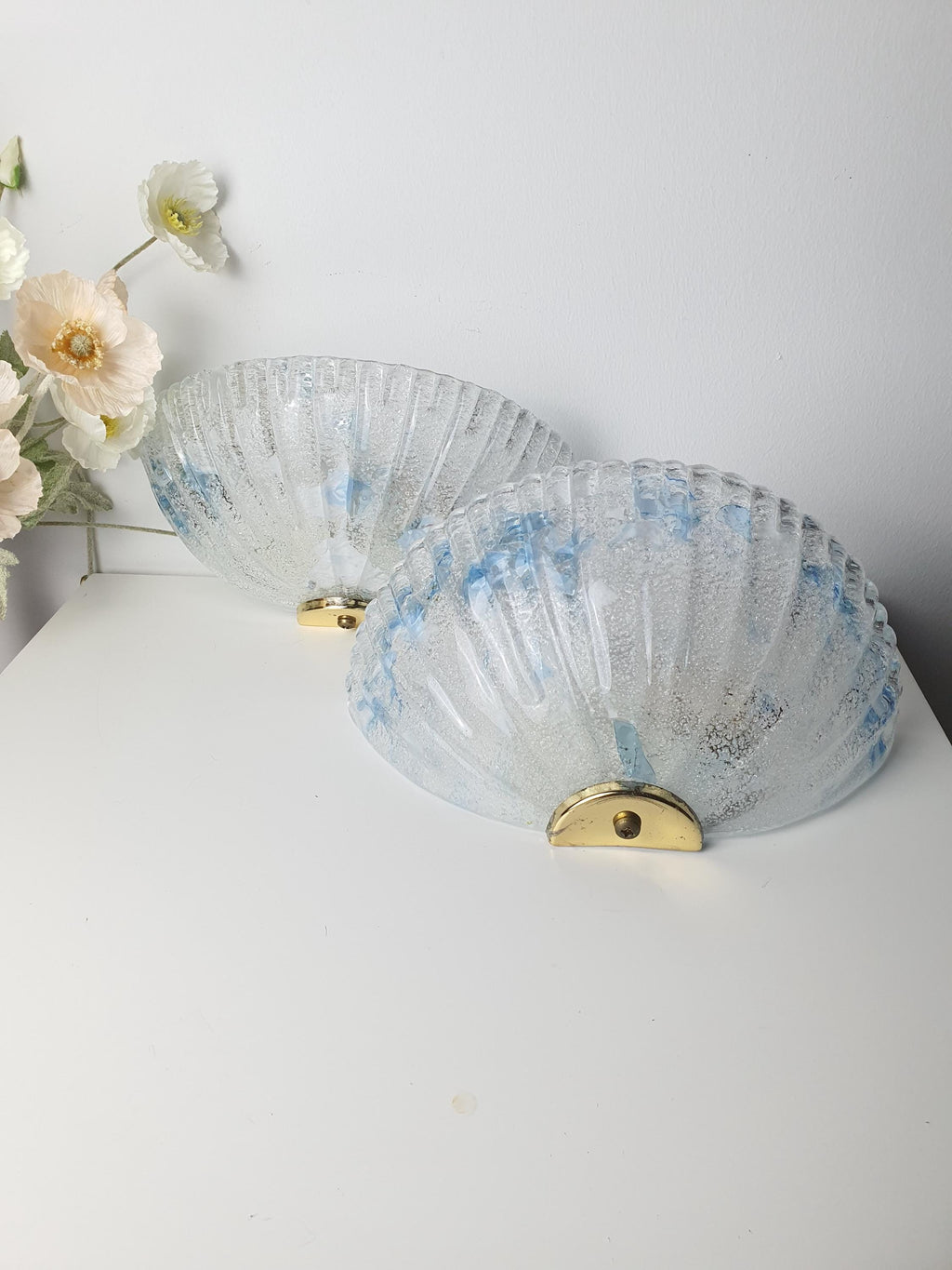 Pair of Vintage Murano Glass Shell Wall Sconces | Frosted Italian Lighting with Blue Accents
