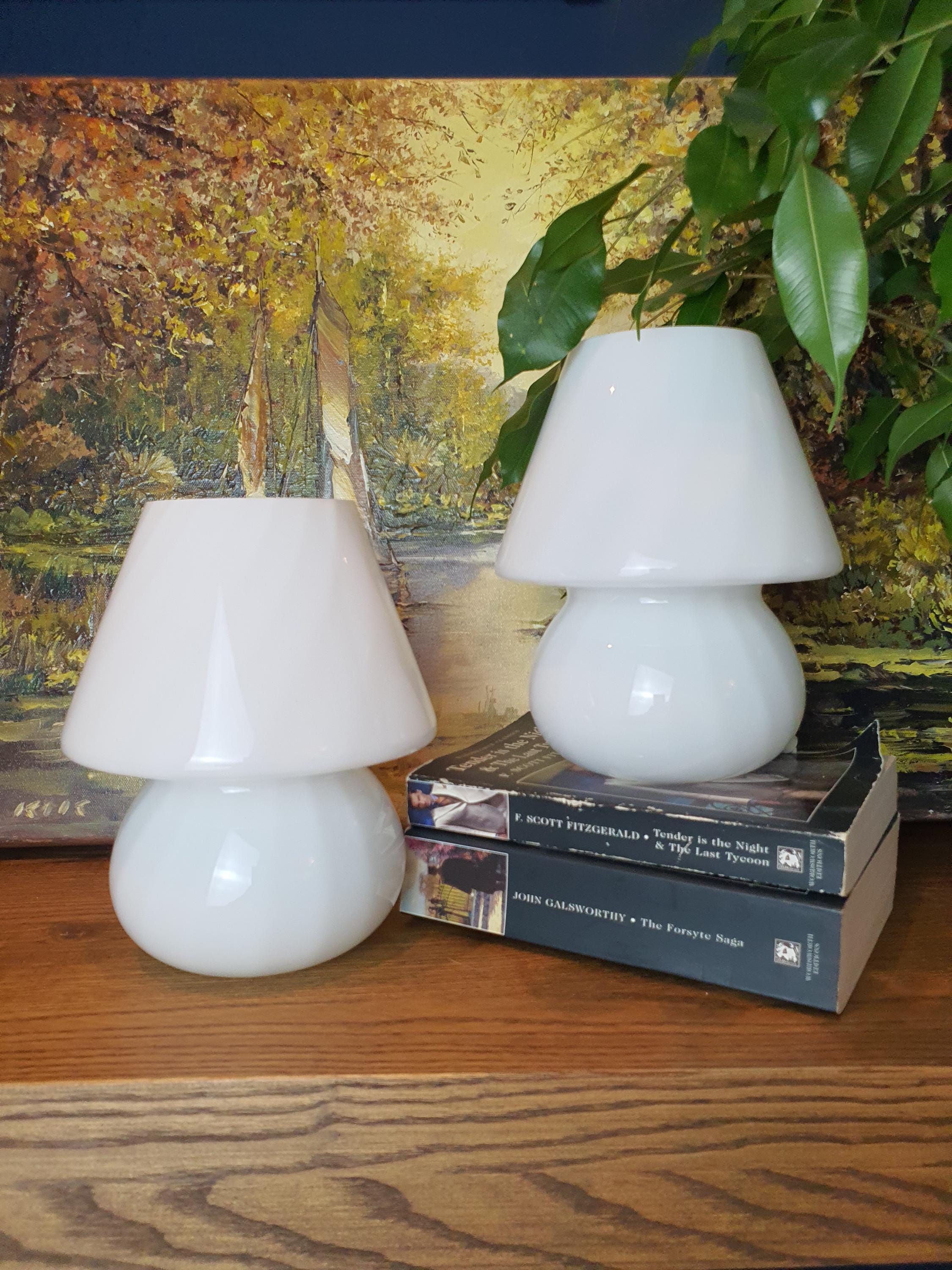 Vintage Murano Glass Mushroom Lamps: White Swirl Bedside Lighting