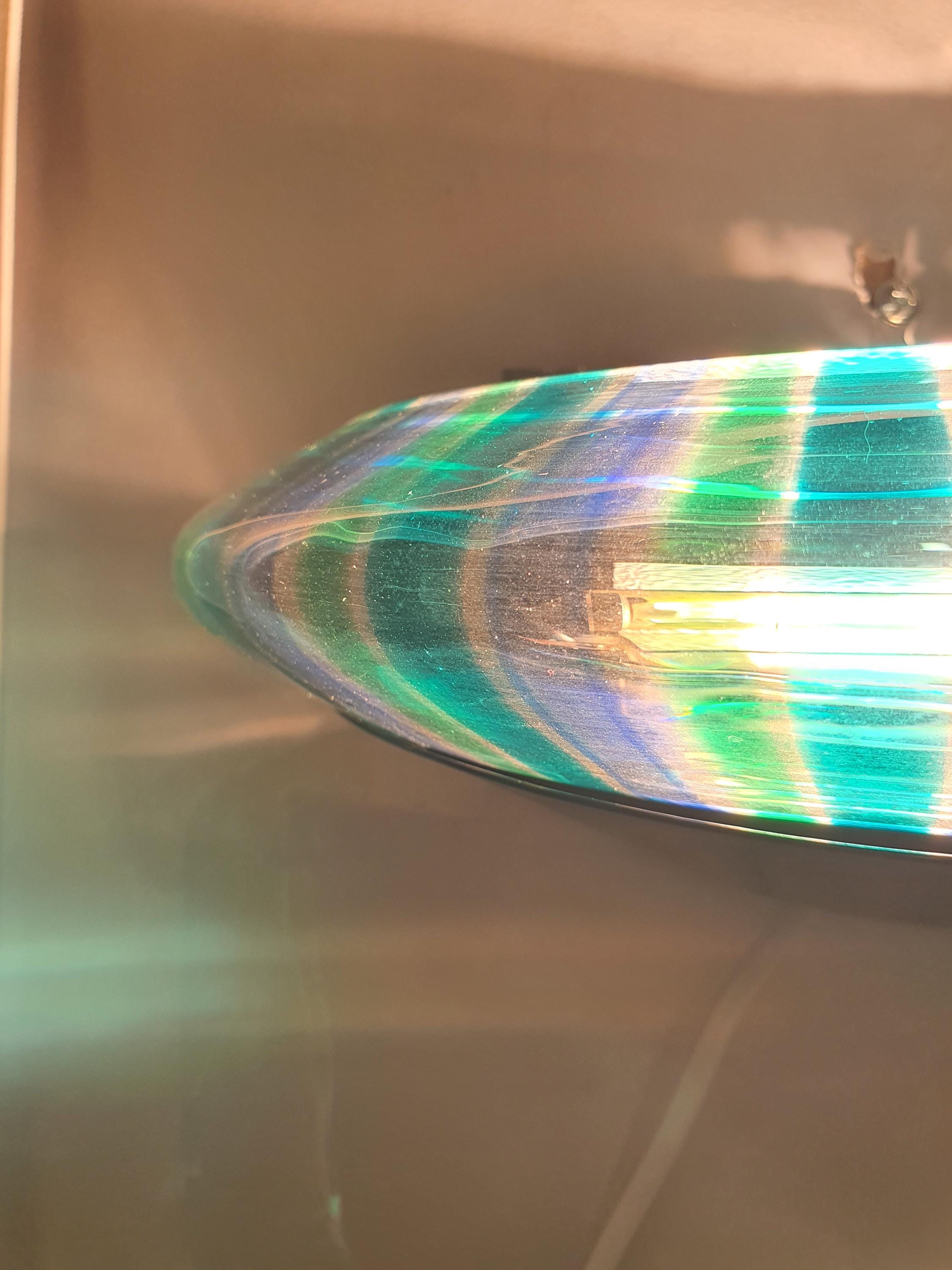 Vintage Murano Glass UFO Wall Sconce: Blue Green Striped Light Fixture