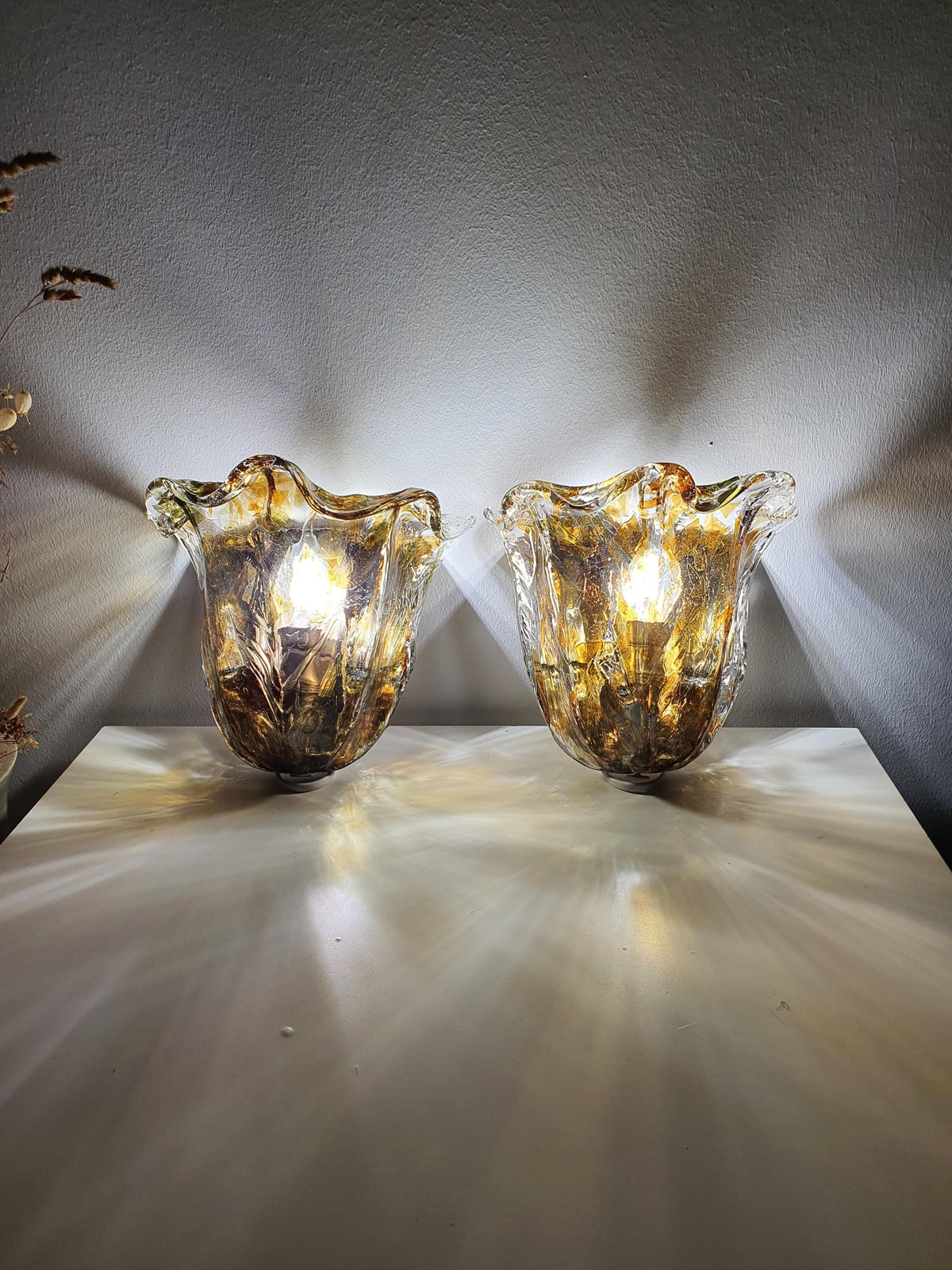 Pair of 1980s La Murrina floral sconces with orange, purple and green glass
