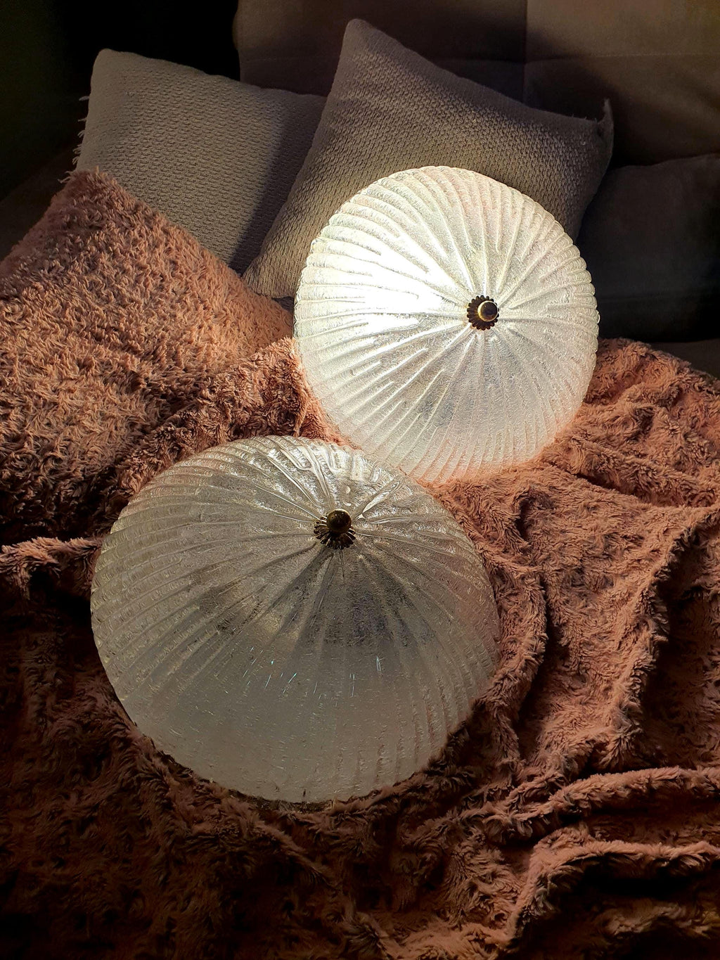 Pair of Vintage Floral Frosted Glass Flush Mount Lights - Midcentury Venetian Design