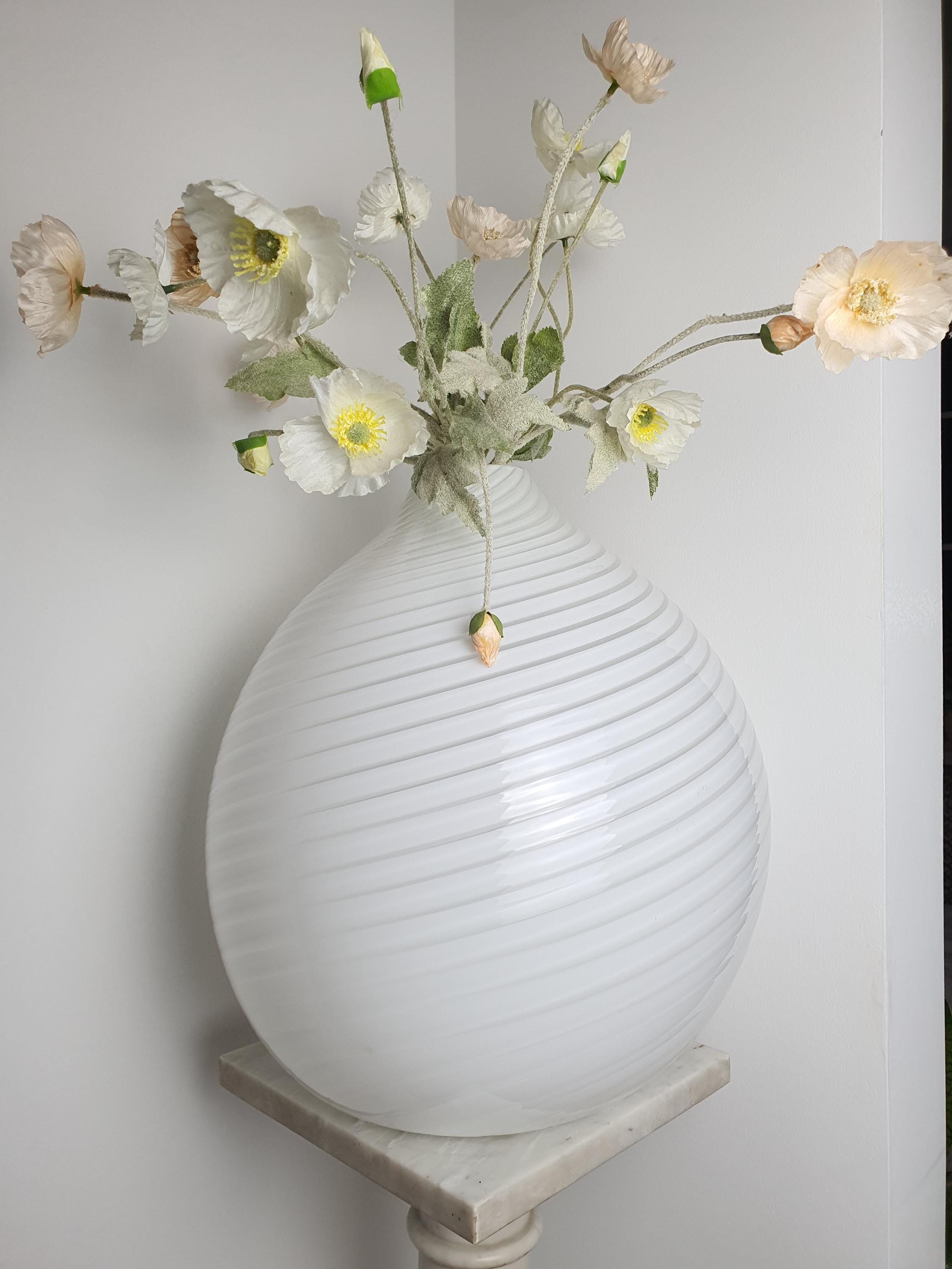 Large Vintage Murano Glass Vase – White Swirl Globe, Scandinavian Minimalist