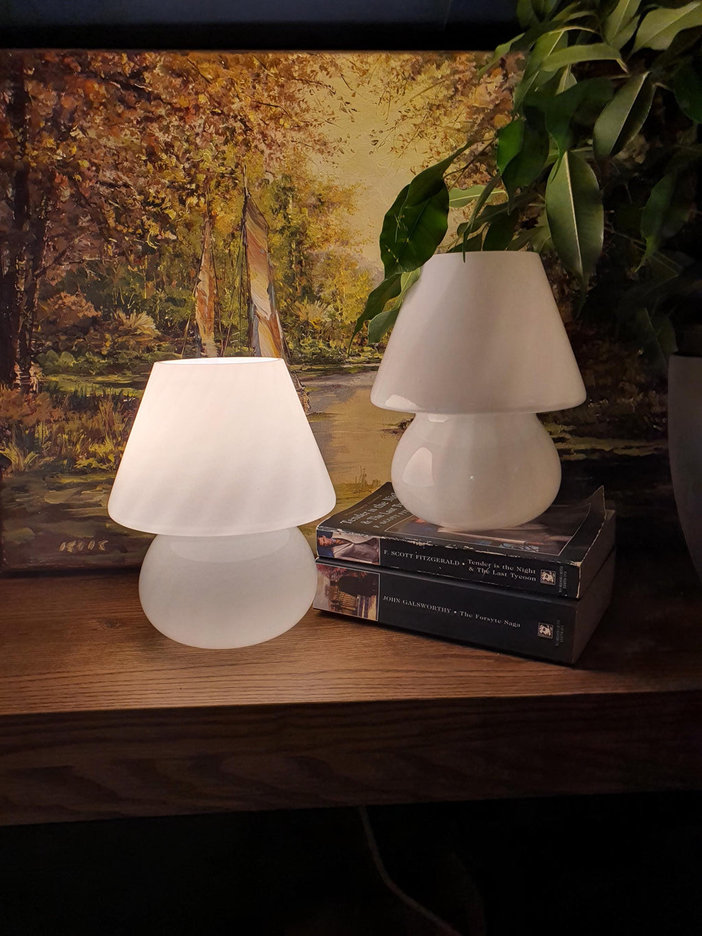 Vintage Murano Glass Mushroom Lamps: White Swirl Bedside Lighting