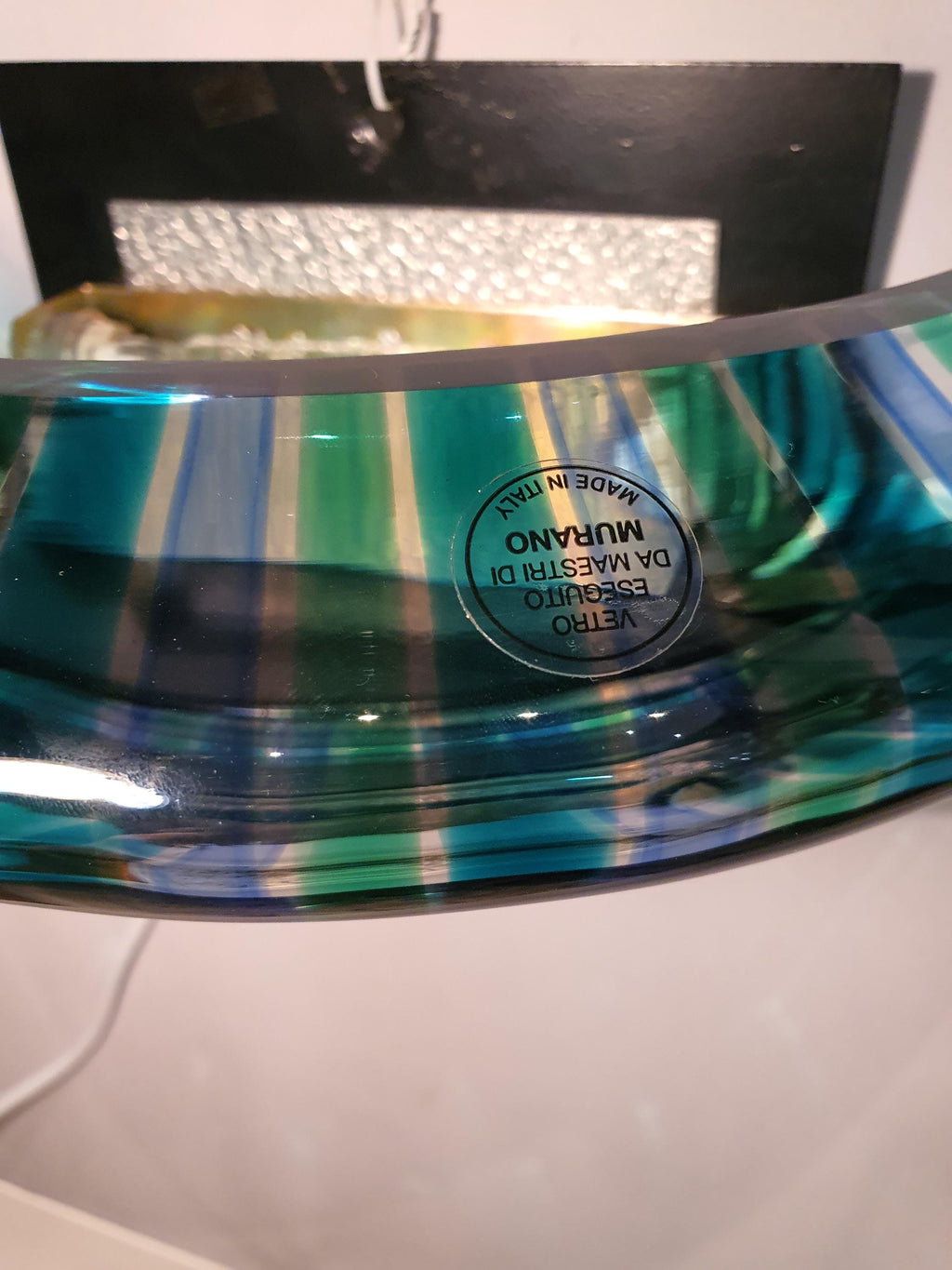 Vintage Murano Glass UFO Wall Sconce: Blue Green Striped Light Fixture