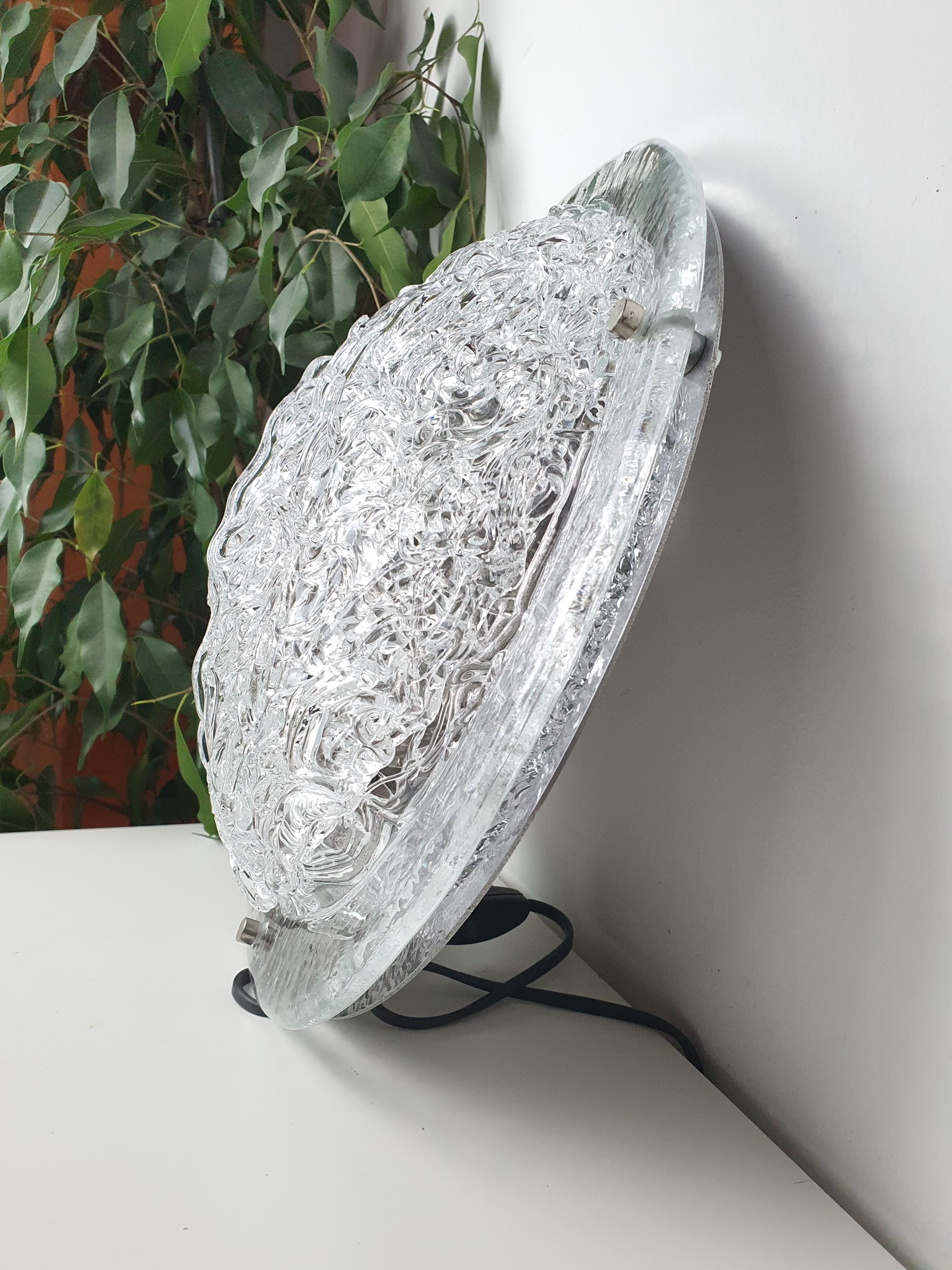 Vintage Clear Murano Glass Flush Mount Light | Chrome Base | Italian Mid-Century Fixture
