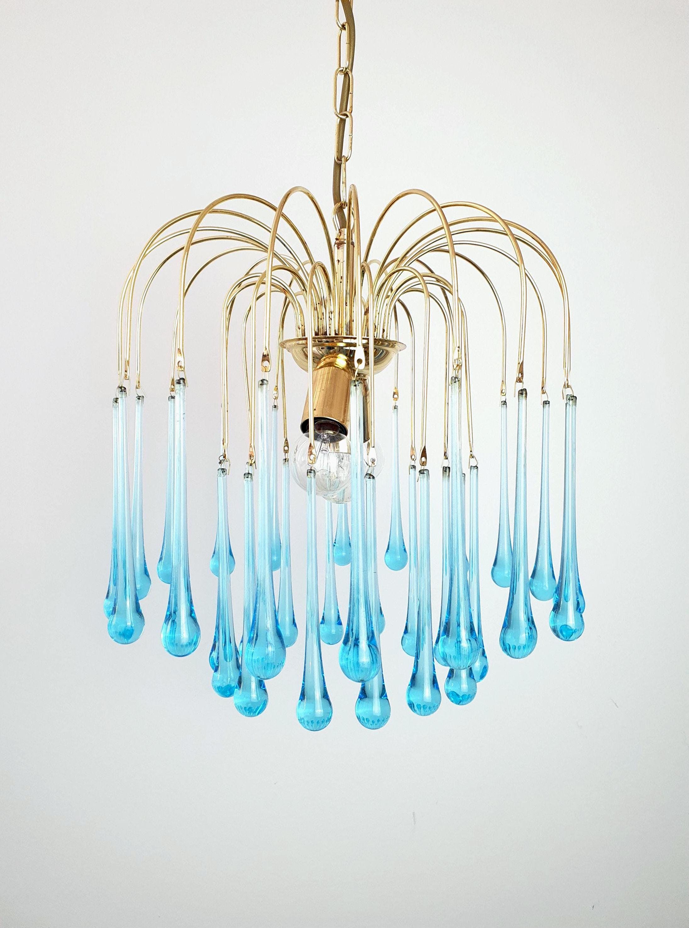 Murano Style Chandelier: Sky Blue Teardrops, Gold Cascade Light
