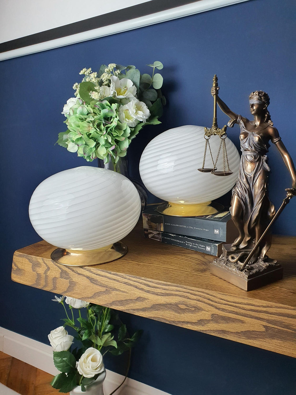 Pair of Vintage Murano Glass Swirl Globe Bedside Lamps Gold Base