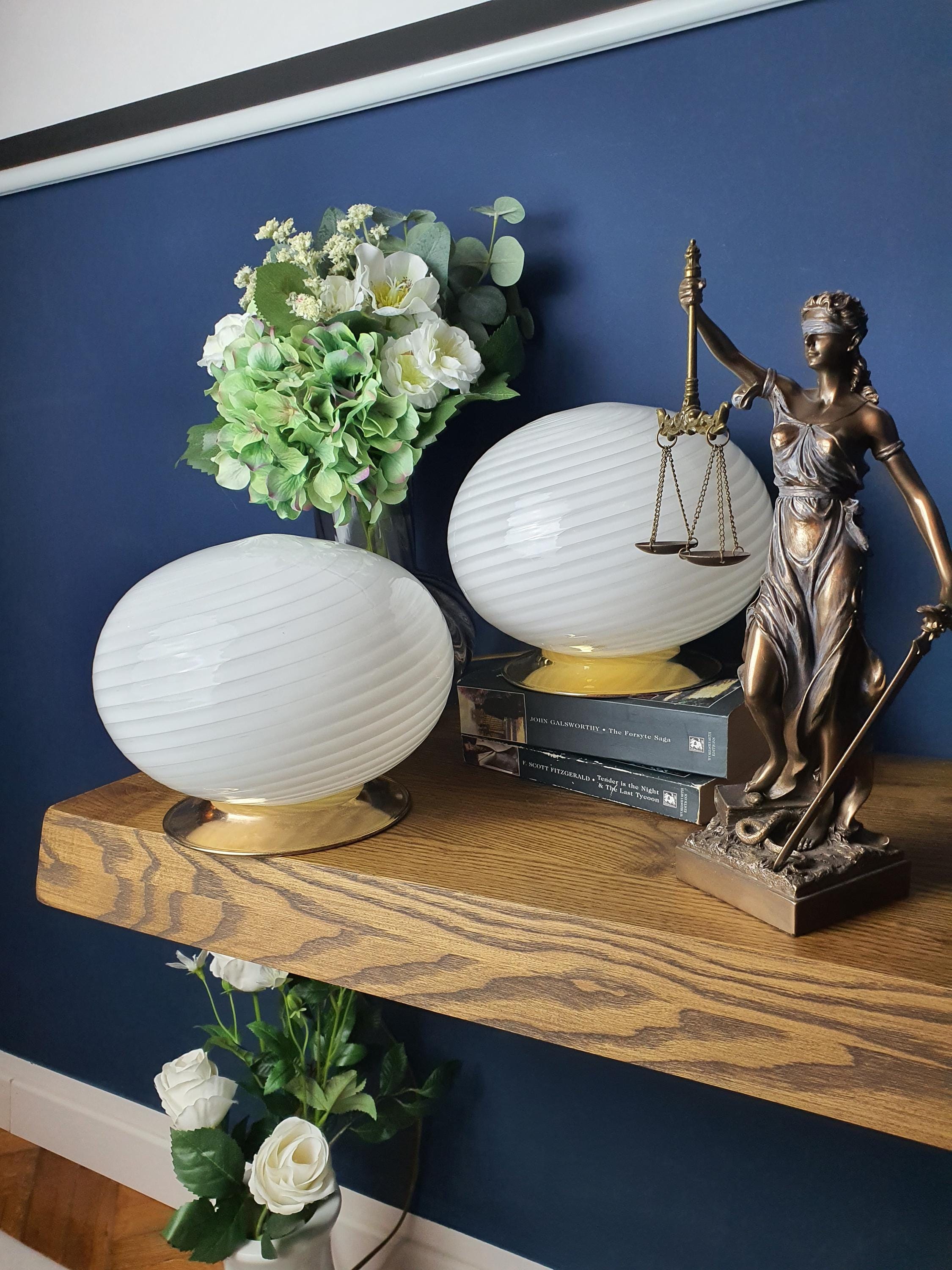 Pair of Vintage Murano Glass Swirl Globe Bedside Lamps Gold Base