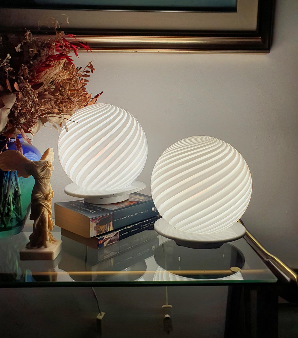 Murano Glass Table Lamps: White Swirl Globe, Mid-Century Modern, Italian Vintage Pair