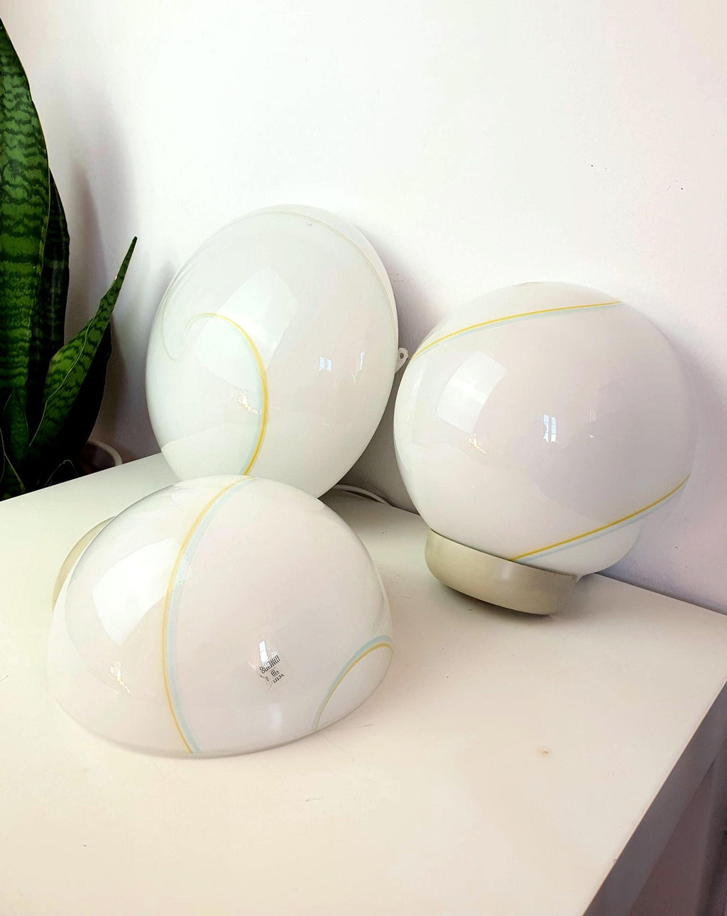 Set of three Murano glass lights with white base and blue/yellow lines – Italian mid-century sconces and flush mount.