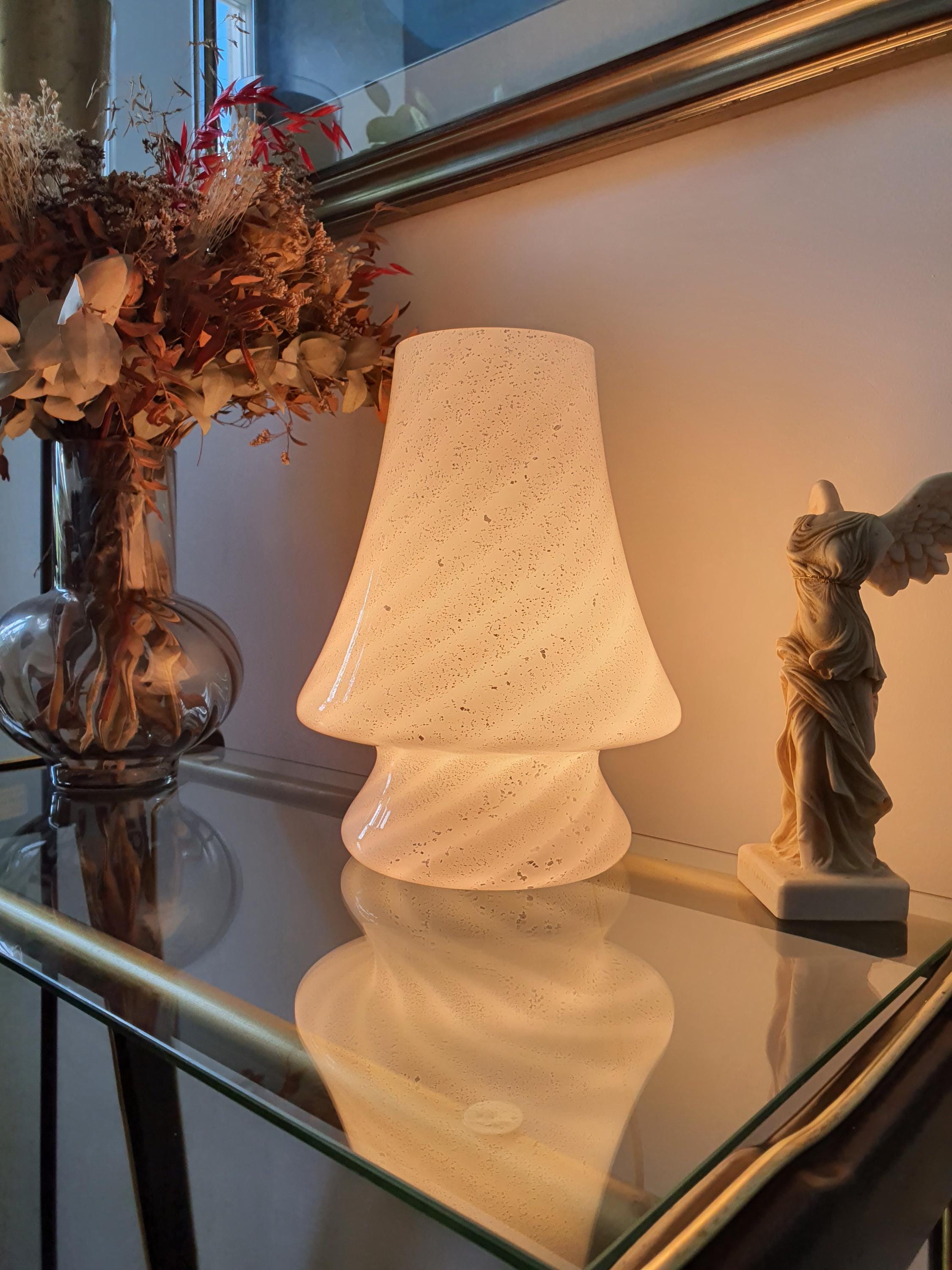 Murano Glass Mushroom Table Lamp: White Silver Swirl, MCM Nordic Bedside Light