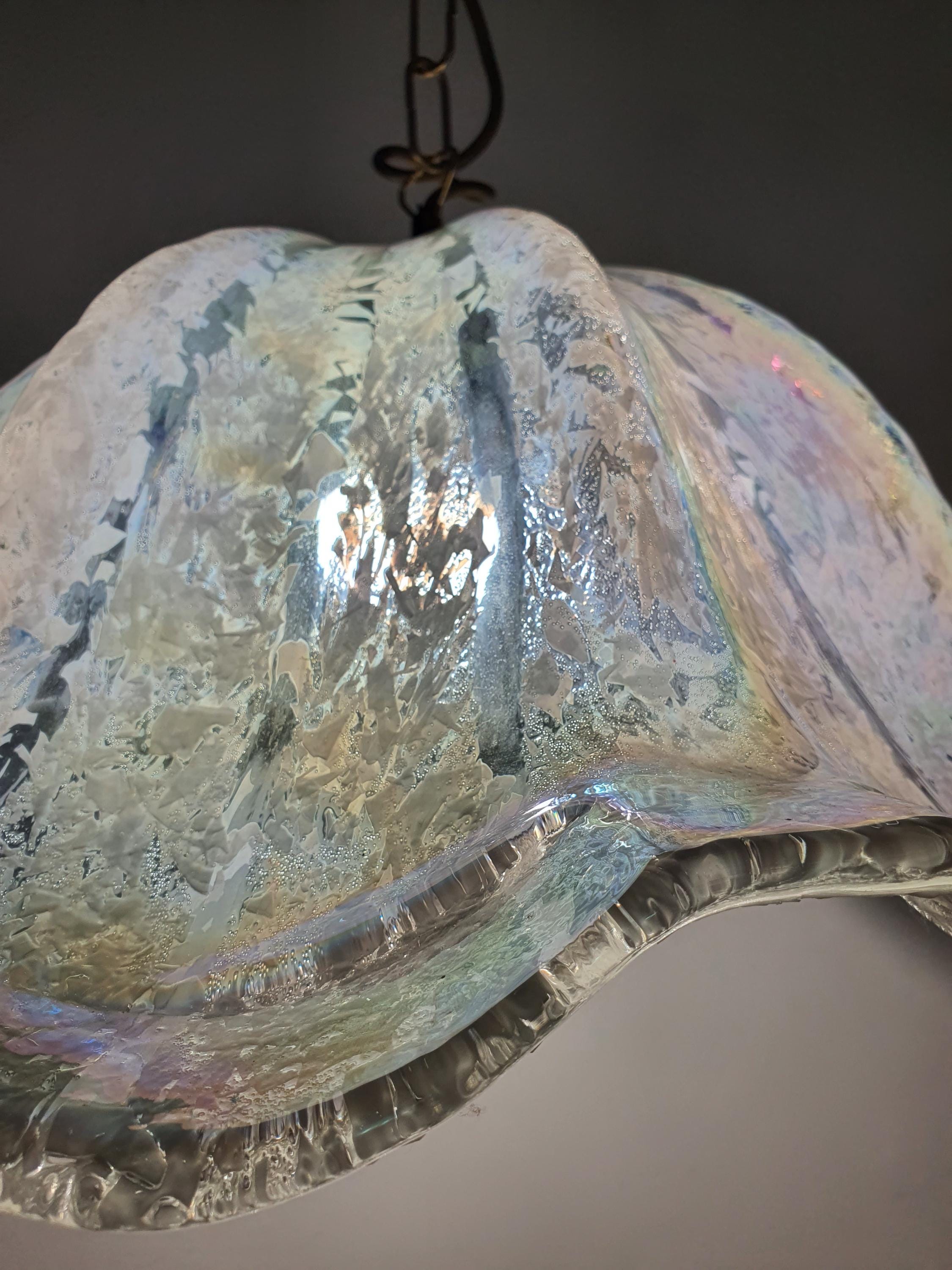 Vintage Murano Glass Iridescent Organic Pendant Light Fazzoletto Style