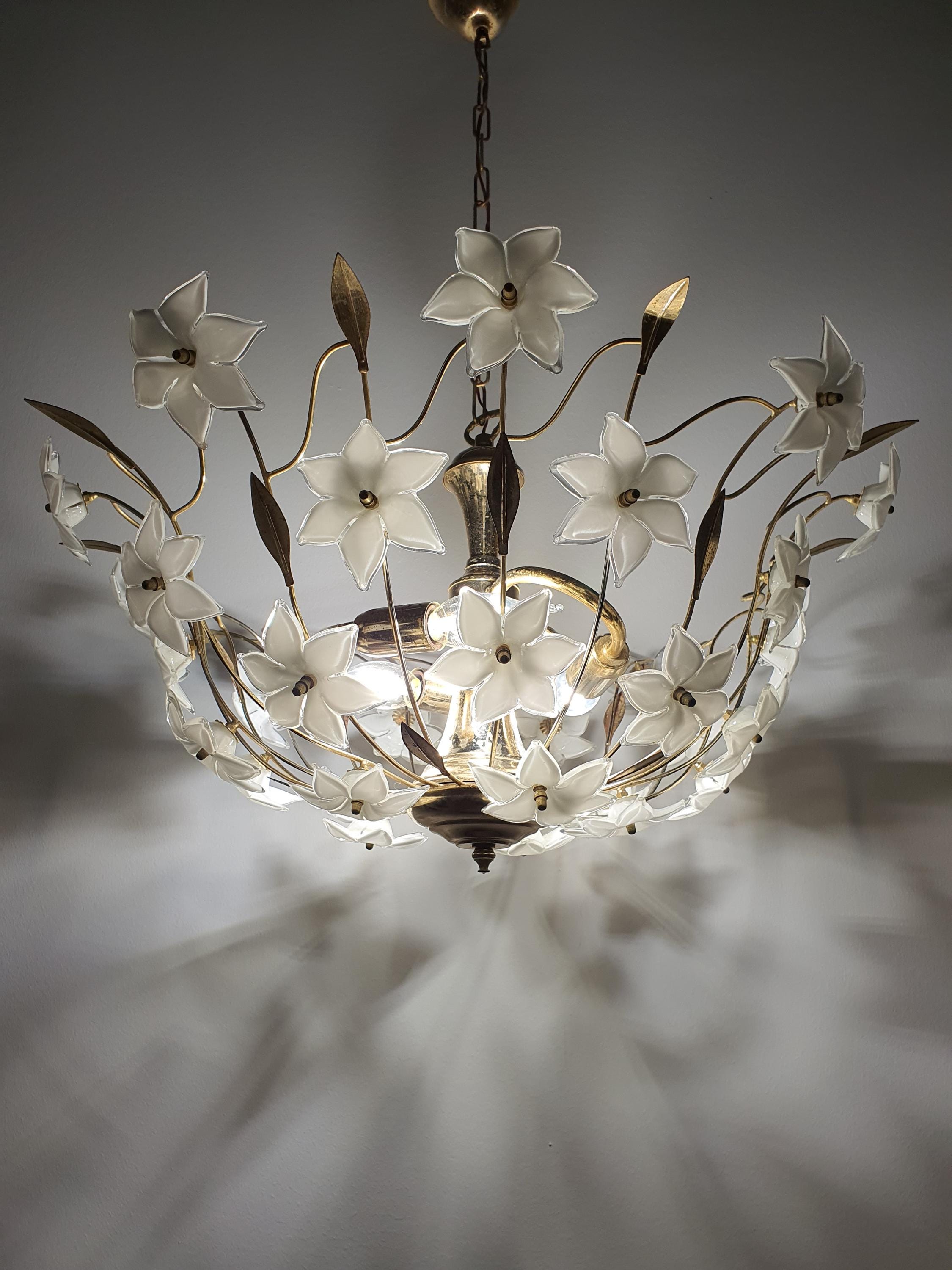 Vintage 1980s Murano glass floral chandelier in bedroom, soft white flower diffusion, gold bowl, romantic Italian MCM
