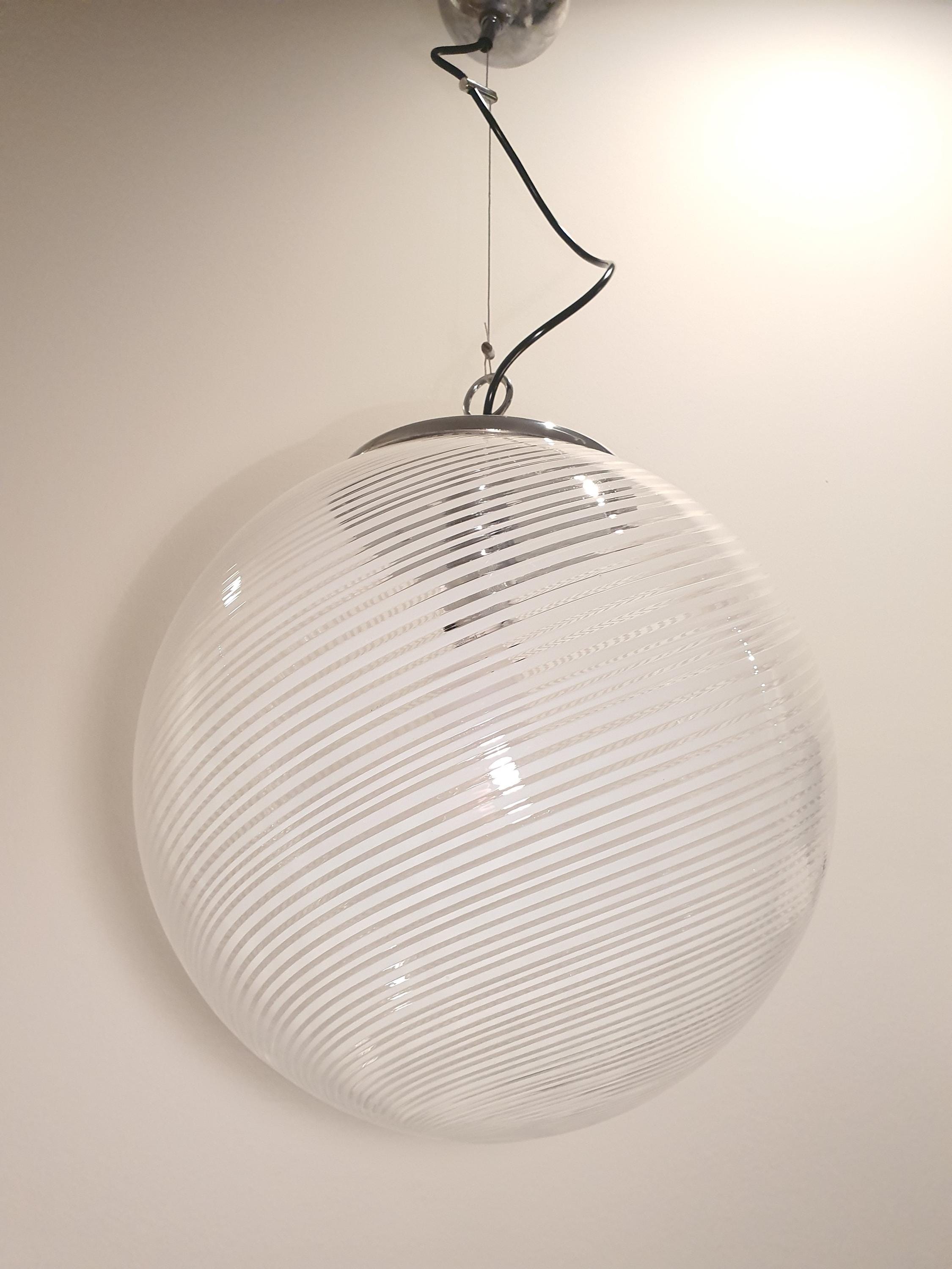 Vintage Murano Glass Pendant Light: Filigree Swirl Globe Lamp