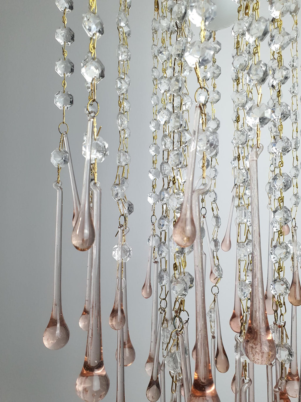 Vintage Murano Glass Chandelier | Double Pink Teardrops Hollywood Regency Cascade Light