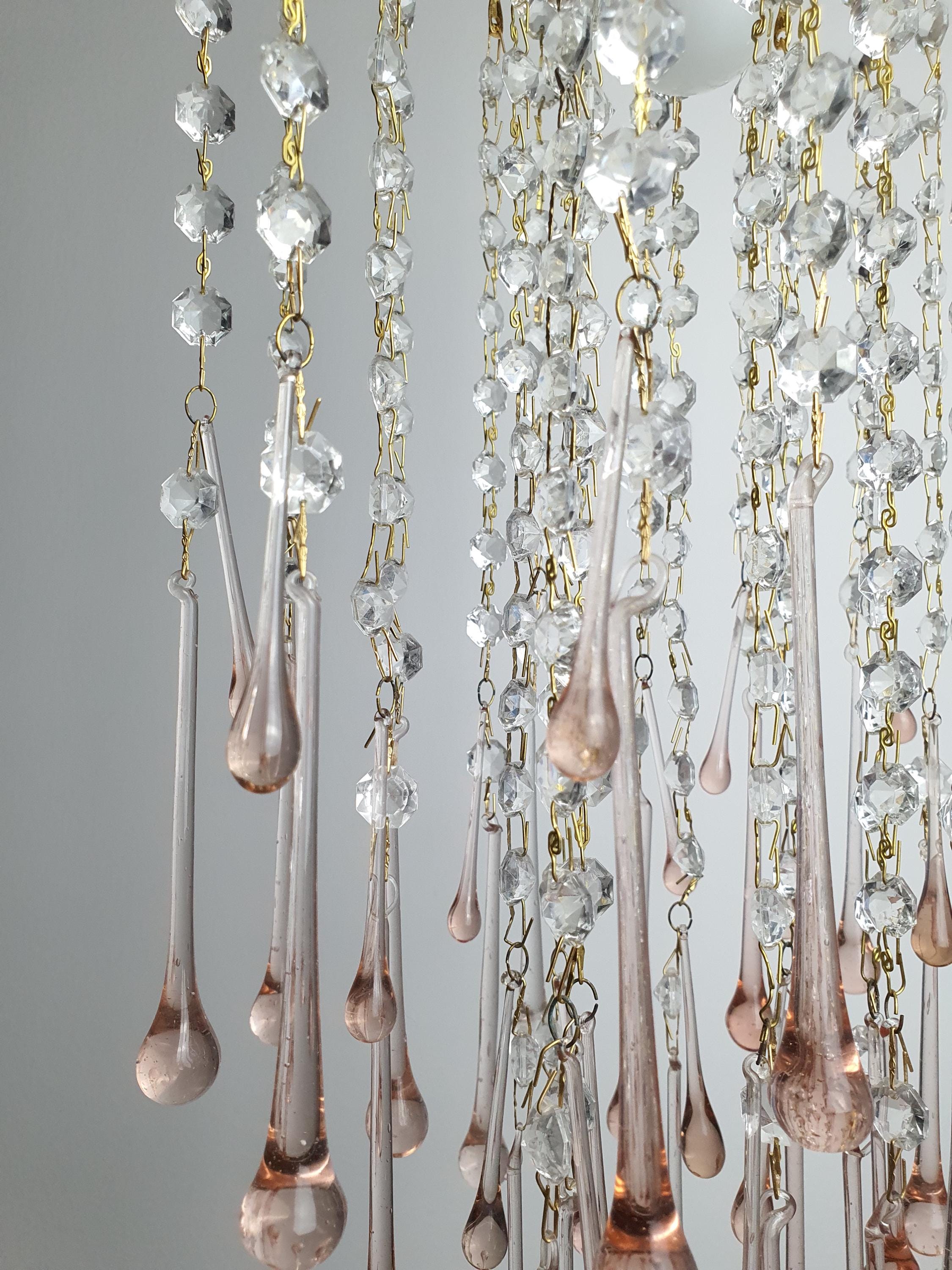 复古穆拉诺玻璃吊灯 | 双层粉色水滴 Hollywood Regency 级联灯