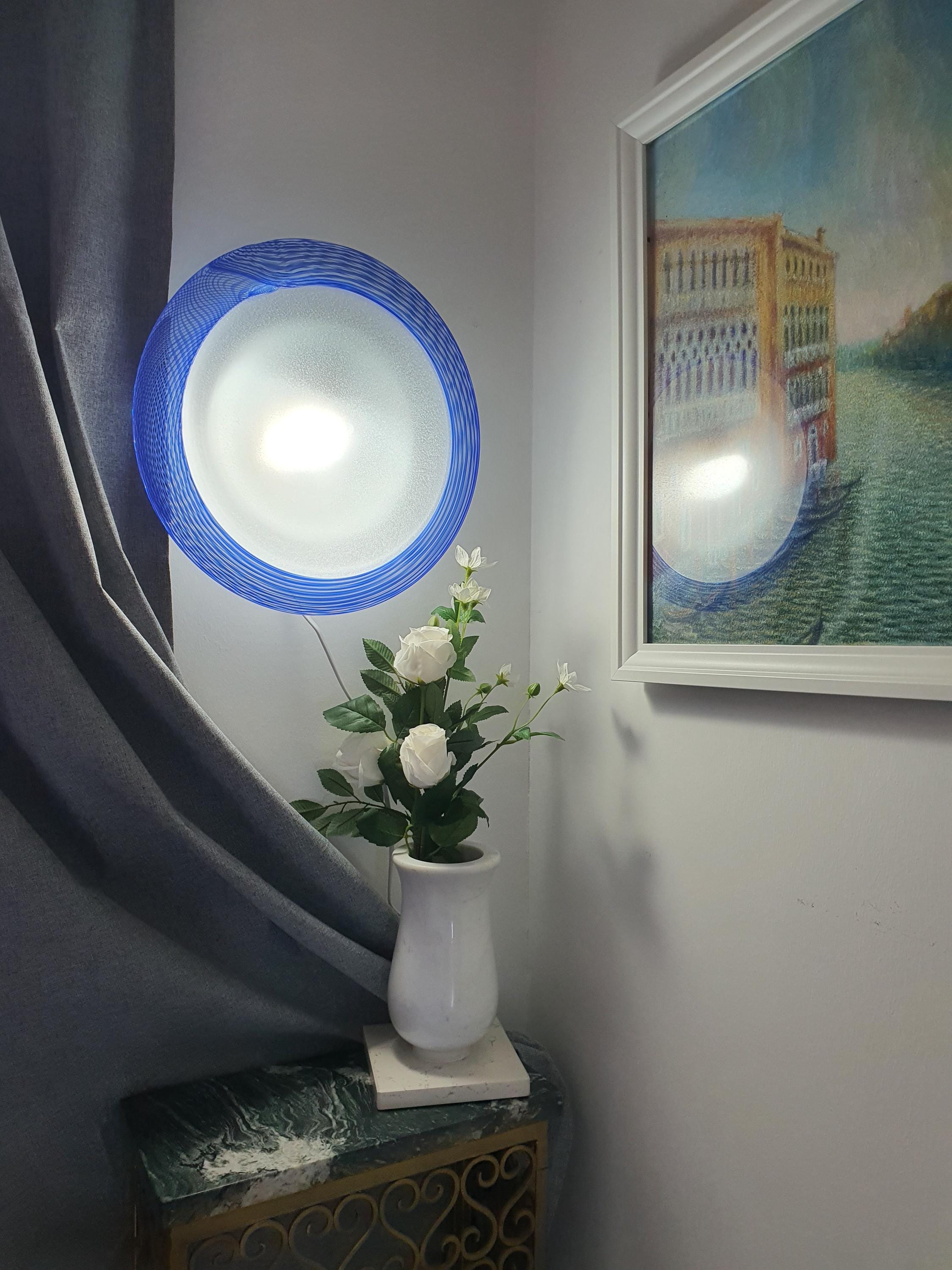 Due P Murano Glass Flush Mount Light: Blue Filigree, Bubbles, MCM Decor