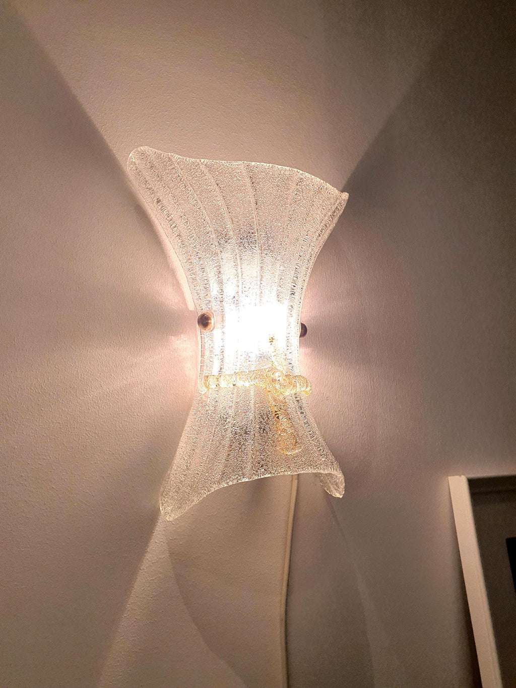 Vintage Murano Frosted Glass Wall Sconce: Venetian Shell Light with Yellow Bow