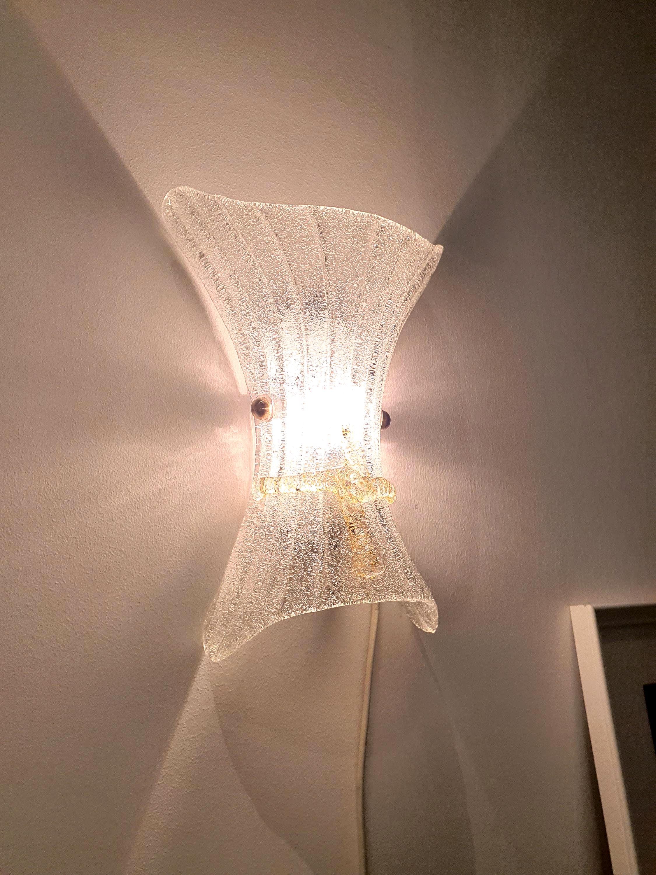 Vintage Murano Frosted Glass Wall Sconce: Venetian Shell Light with Yellow Bow