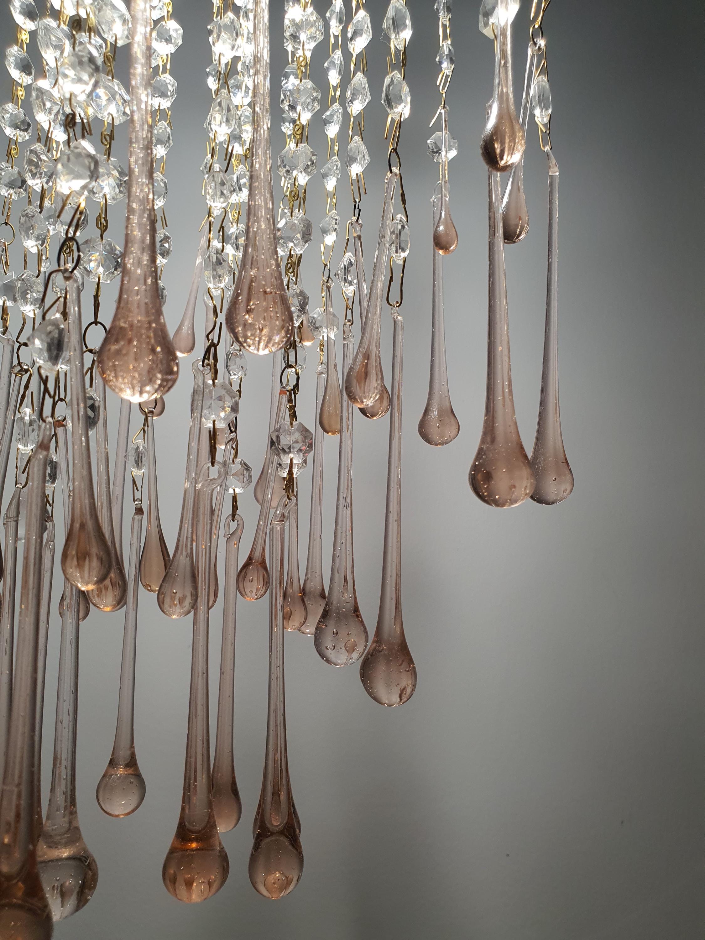 Vintage Murano Glass Chandelier | Double Pink Teardrops Hollywood Regency Cascade Light
