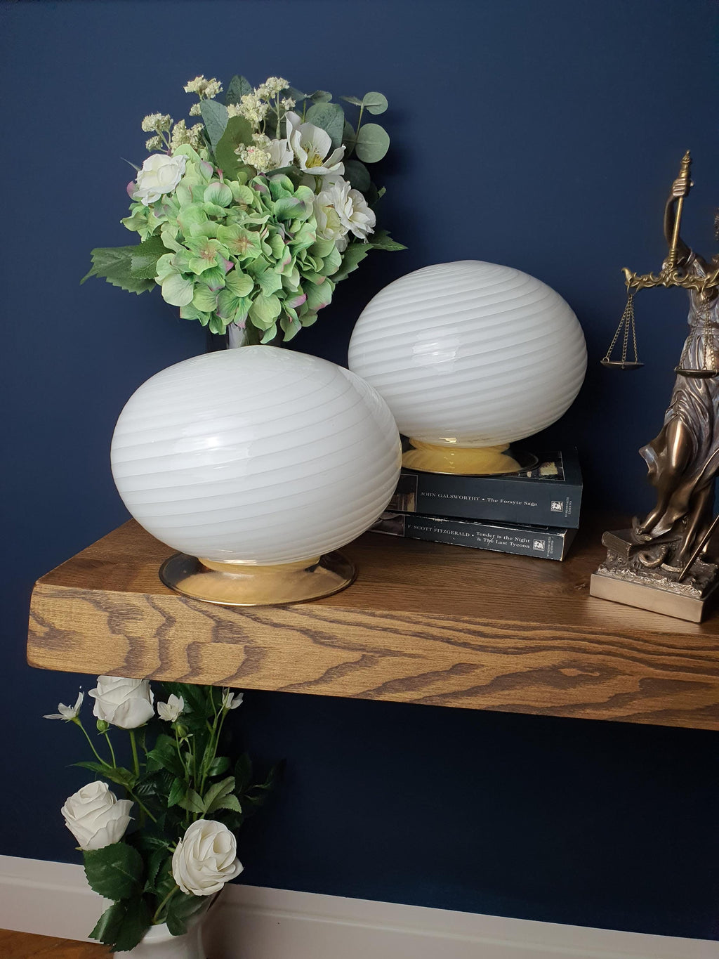 Pair of Vintage Murano Glass Swirl Globe Bedside Lamps Gold Base