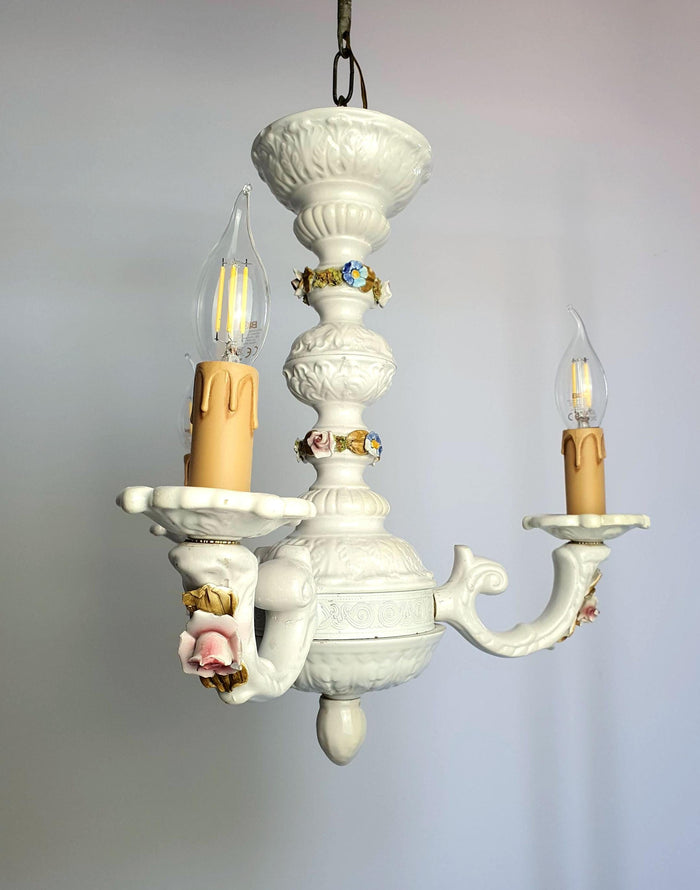 Vintage Italian three-arm chandelier with white ceramic and porcelain flowers
