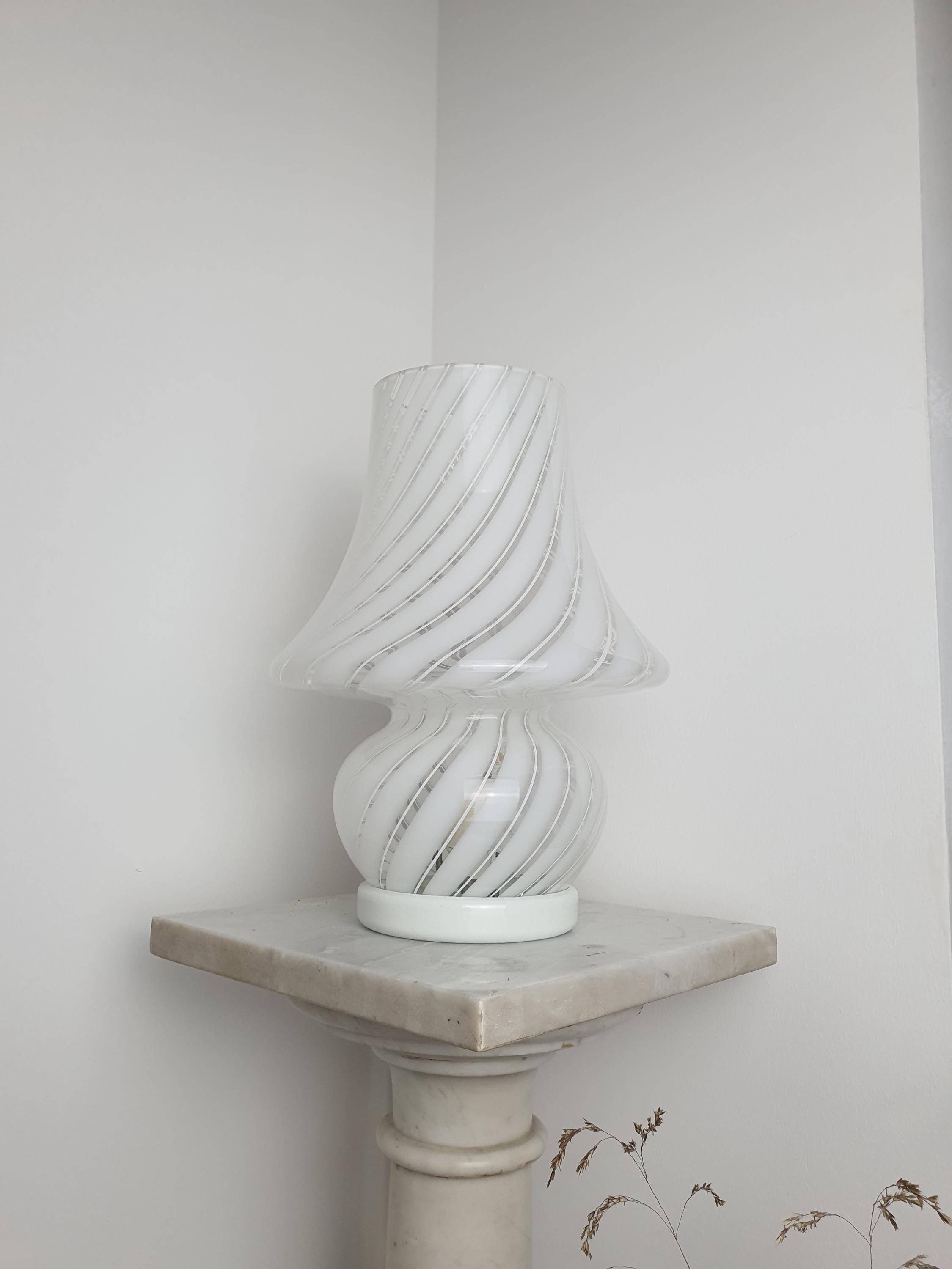Vintage Murano Glass Mushroom Lamp: White Swirl, 1970s Italian Lighting