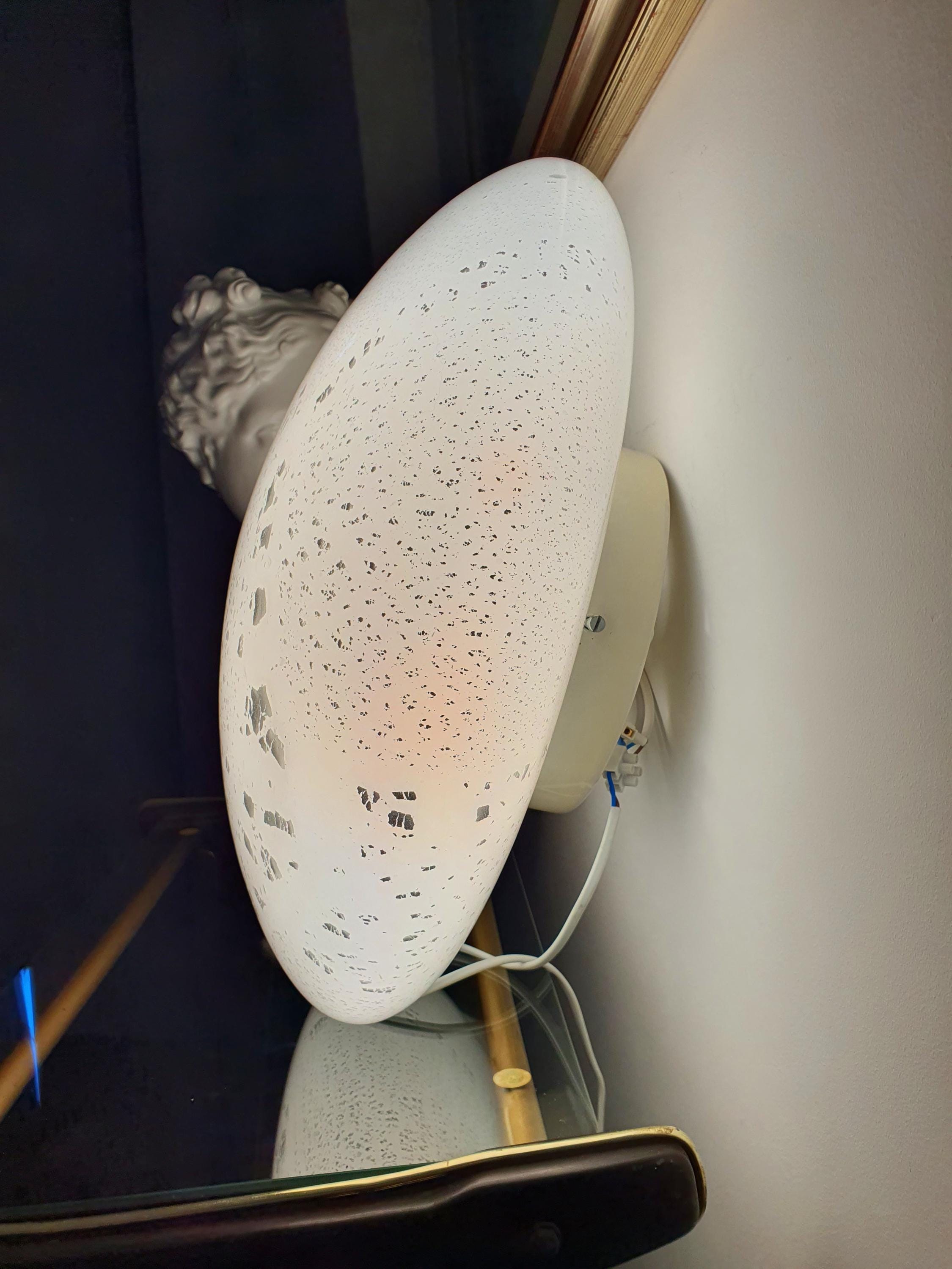 Vintage Murano white silver aventurine flush mount in entryway, 20cm low profile, soft white constellation glow, rewired