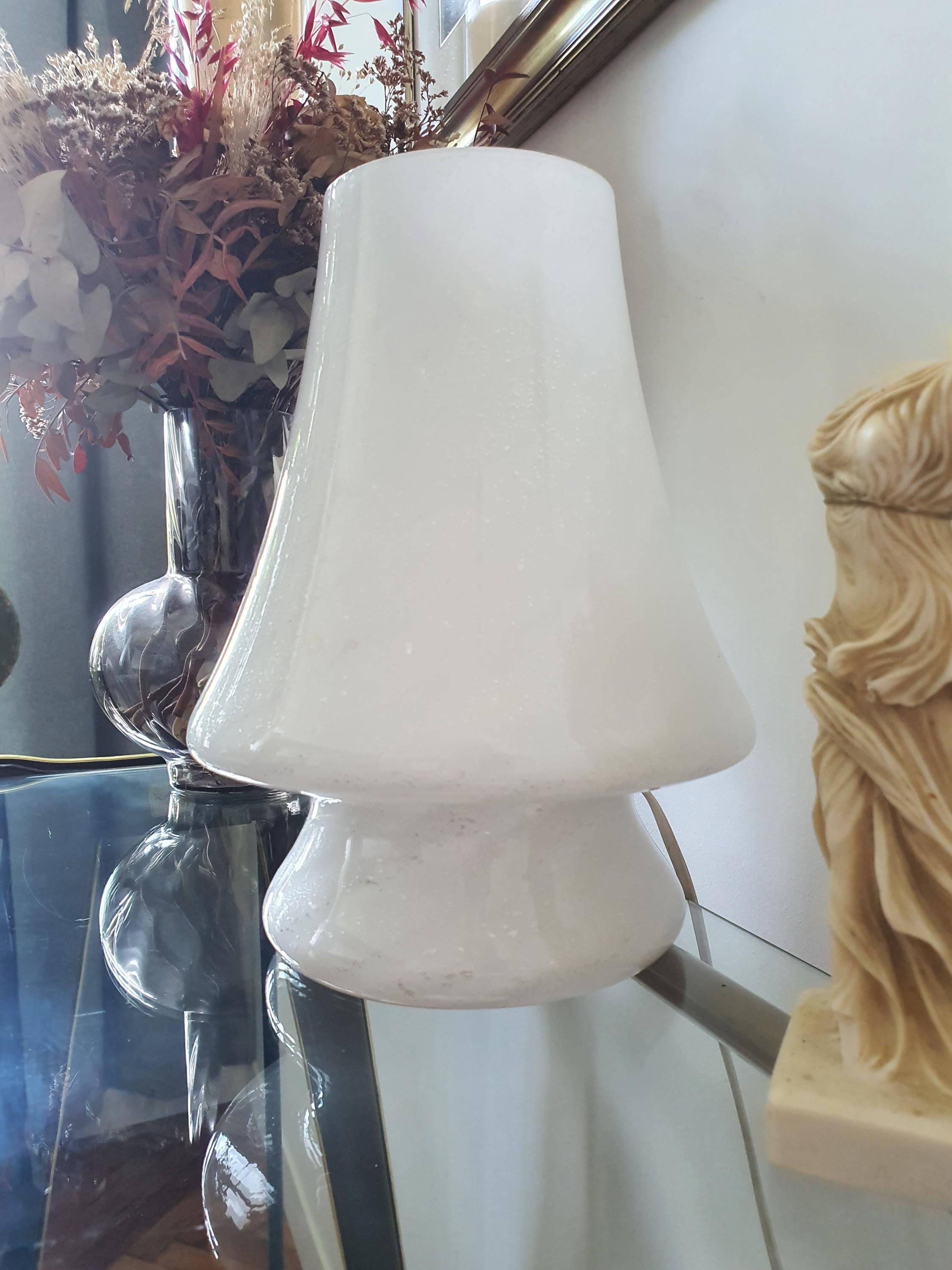 Murano Glass Mushroom Table Lamp: White Silver Swirl, MCM Nordic Bedside Light