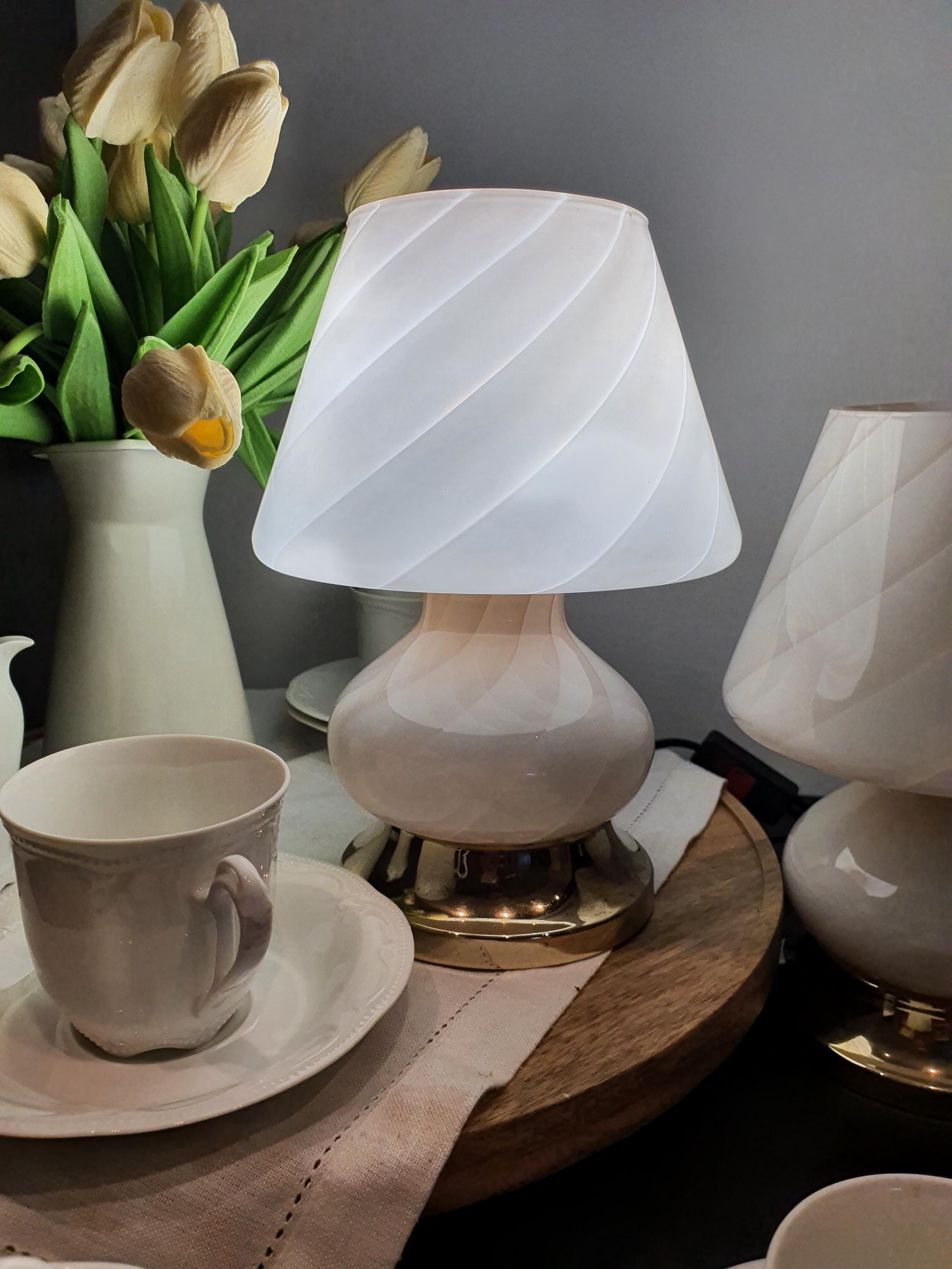 Murano Glass Mushroom Table Lamps: Pink Swirl, Mid-Century Modern