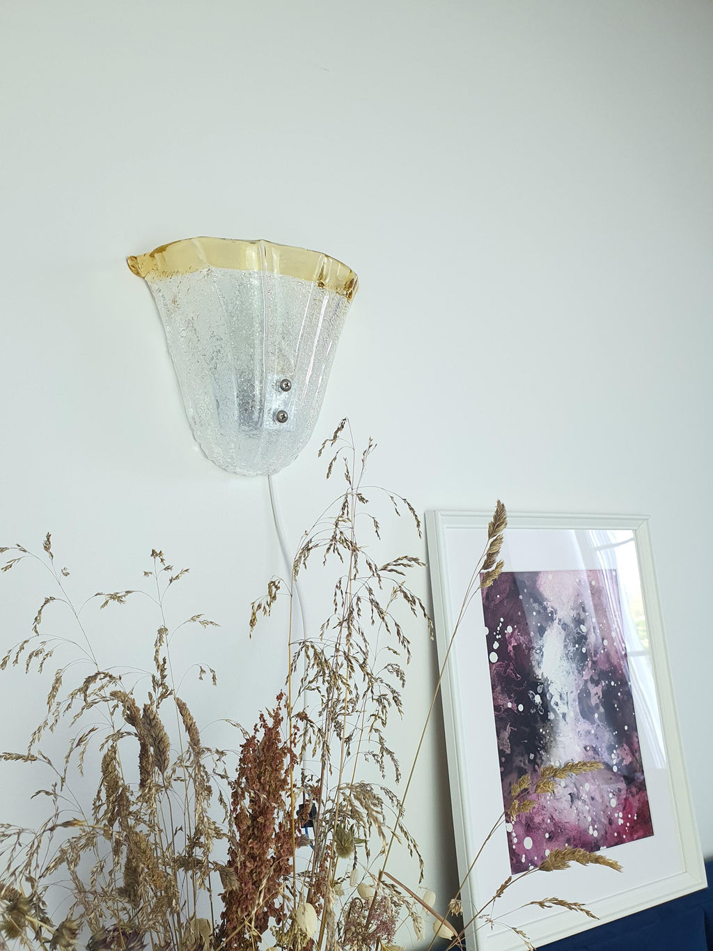 Vintage Murano Glass Floral Wall Sconce: Frosted Yellow Venetian Light