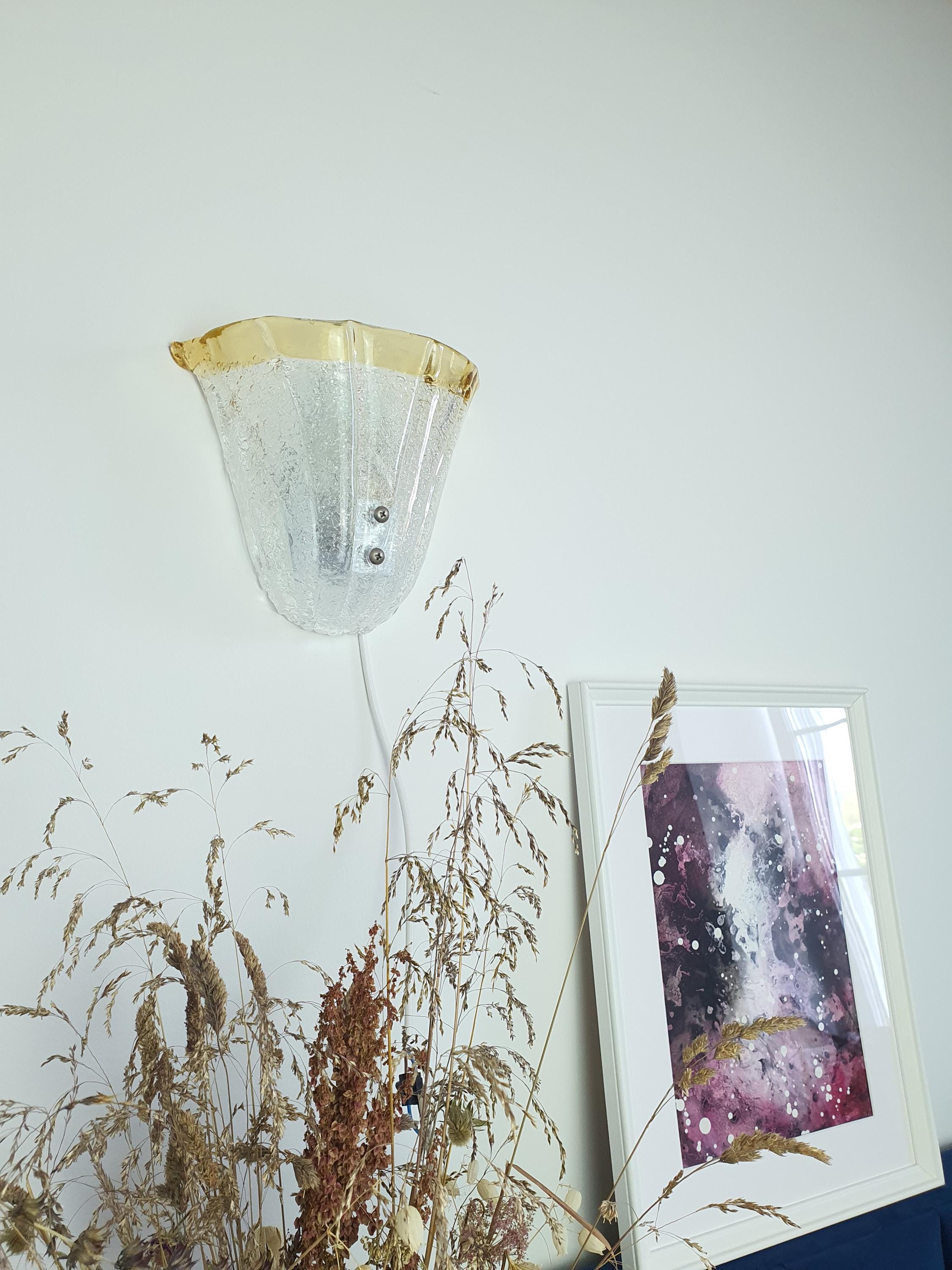 Vintage Murano Glass Floral Wall Sconce: Frosted Yellow Venetian Light