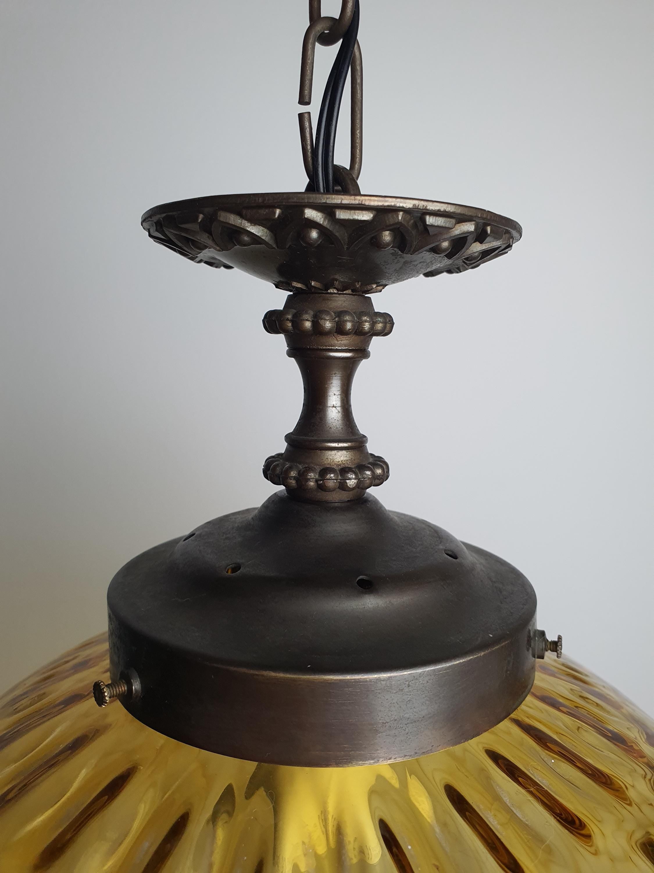 Brass canopy and ceiling rose detail, vintage Murano glass honeycomb pendant