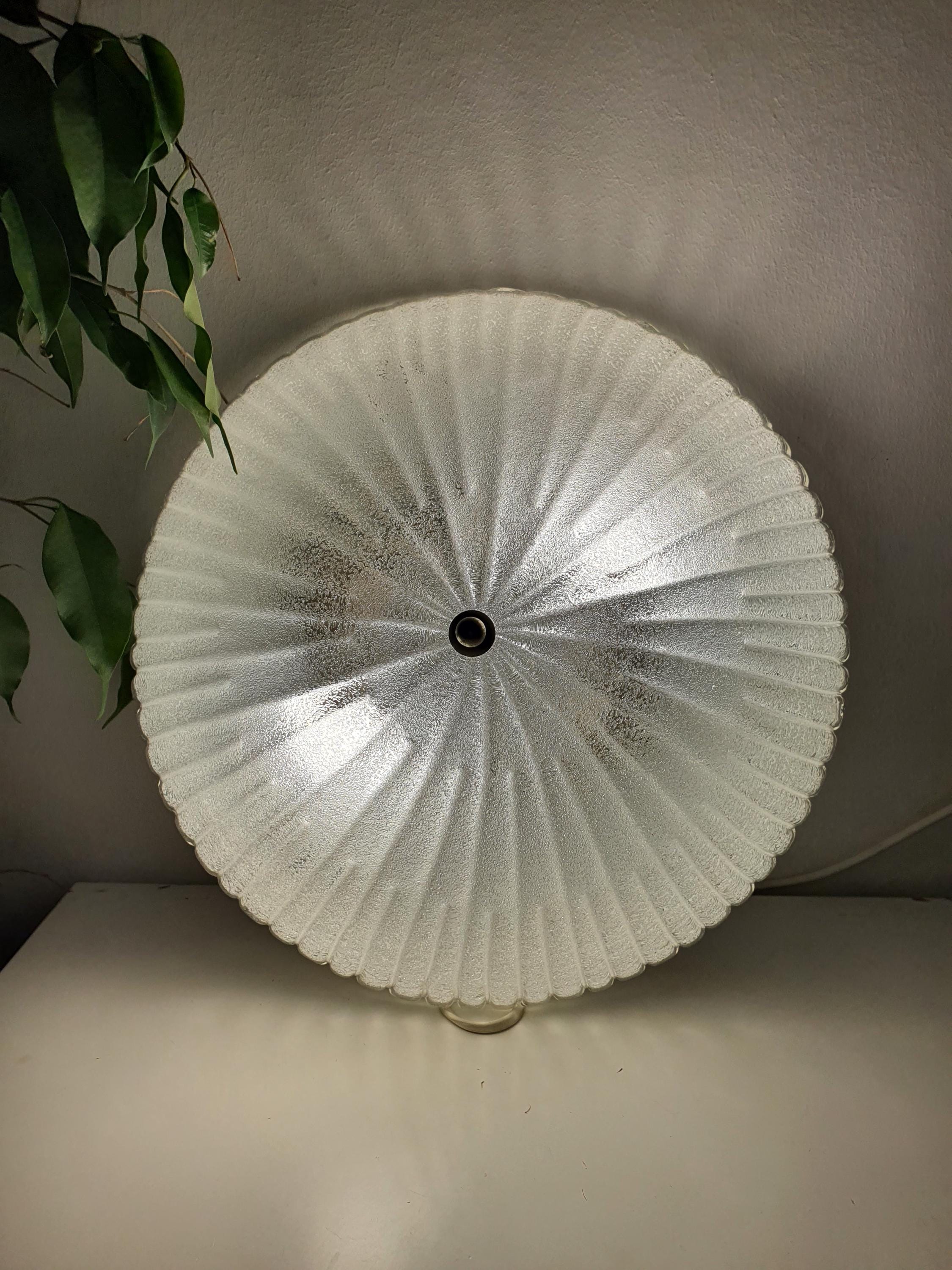 Murano ribbed shell flush mount front view, thick clear ribbed glass, ghiacciato iced reverse, smooth glossy exterior

