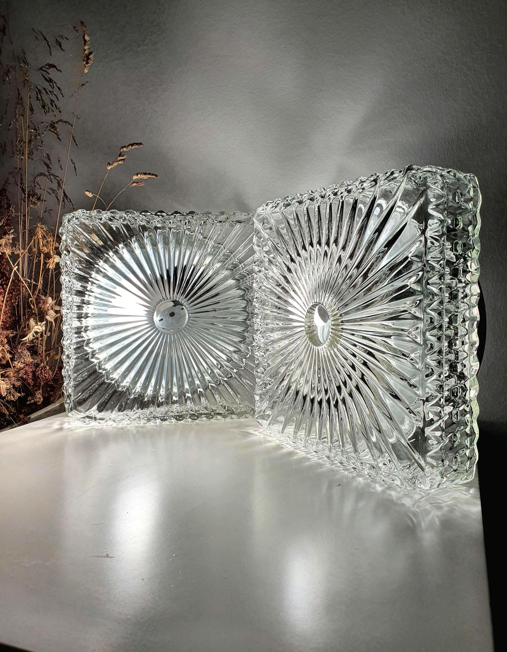 Pair of vintage square wall sconces in textured clear glass
