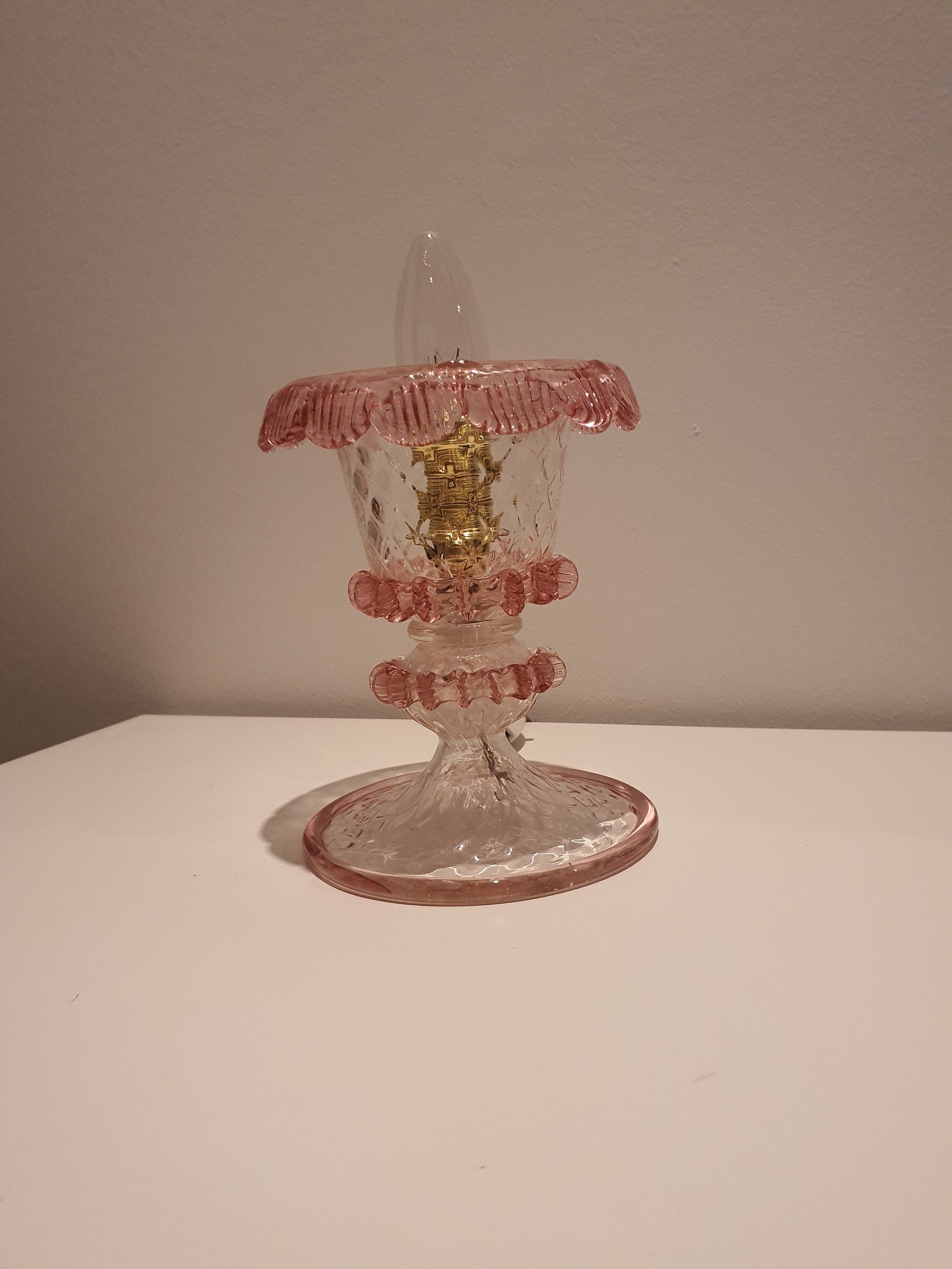 Vintage Murano Glass Tulip Table Lamp – 1970s Pink Floral Bedside Light