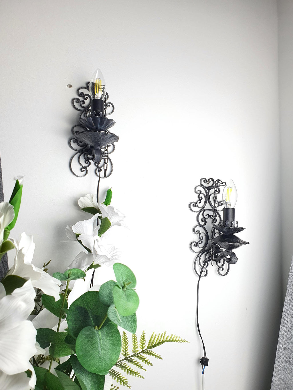 Pair of handcrafted gothic wrought iron wall lights — very good vintage condition, full view