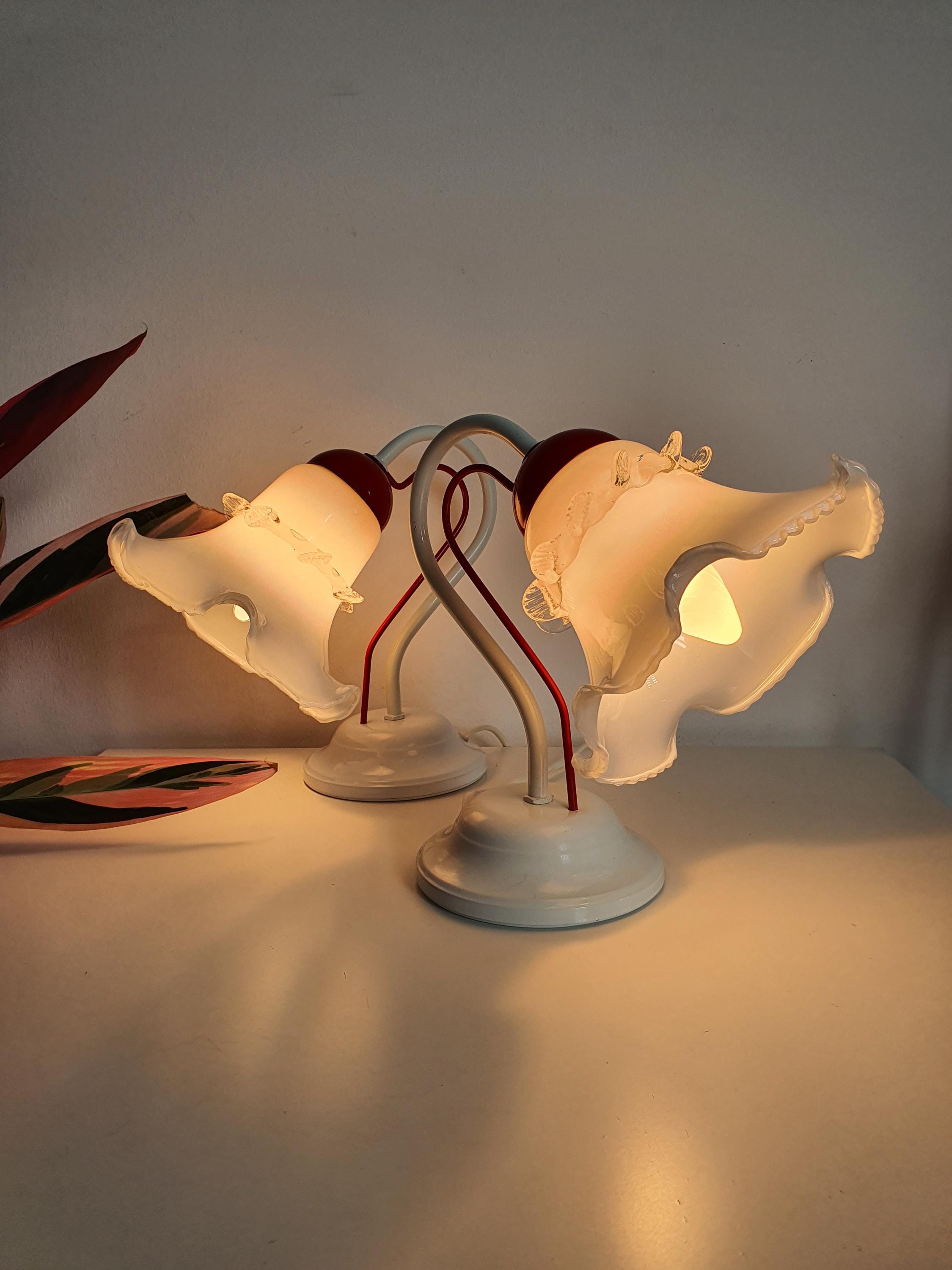 Murano Glass Tulip Table Lamps: Mid-Century Modern Floral Bedside Lights