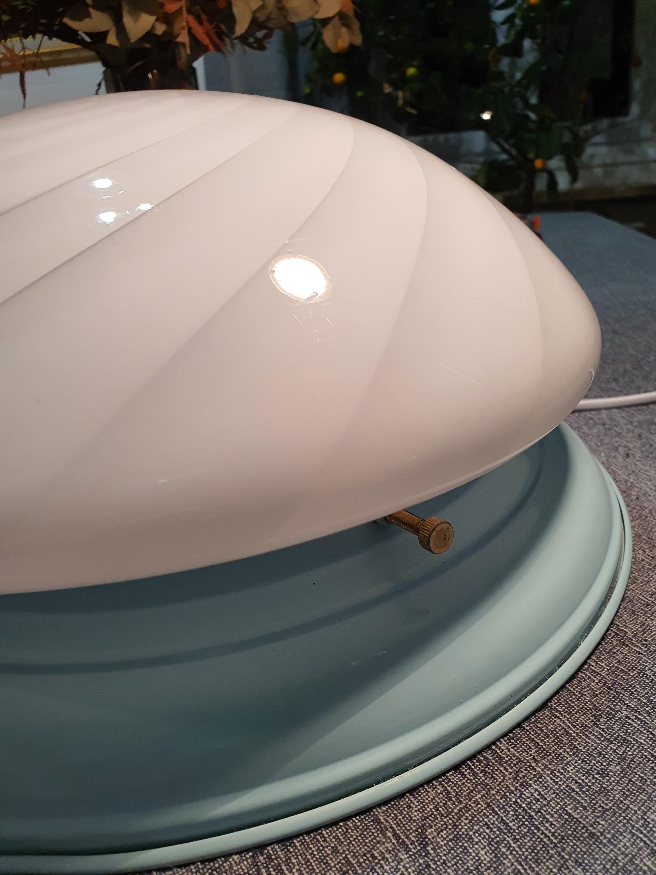 Vintage Murano Glass Swirl Flush Mount Light: White on Blue, MCM Deco