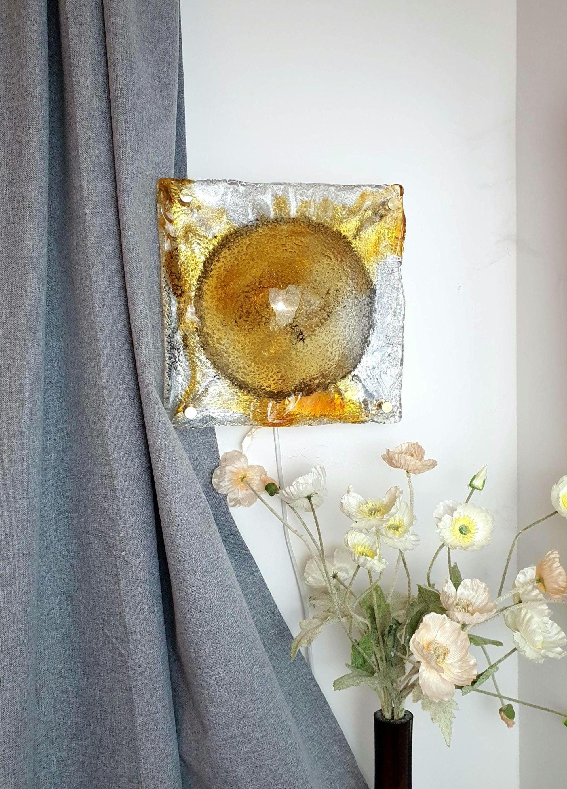 Mazzega vintage Murano glass square frosted wall or ceiling light caramel drop