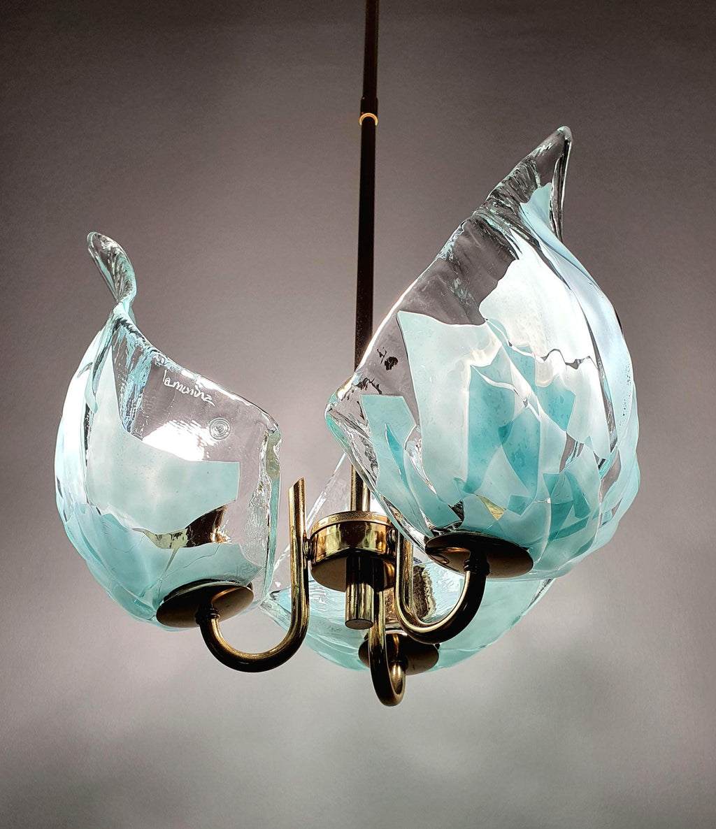 La Murrina 3-arm chandelier in clear and Tiffany blue Murano glass on golden base